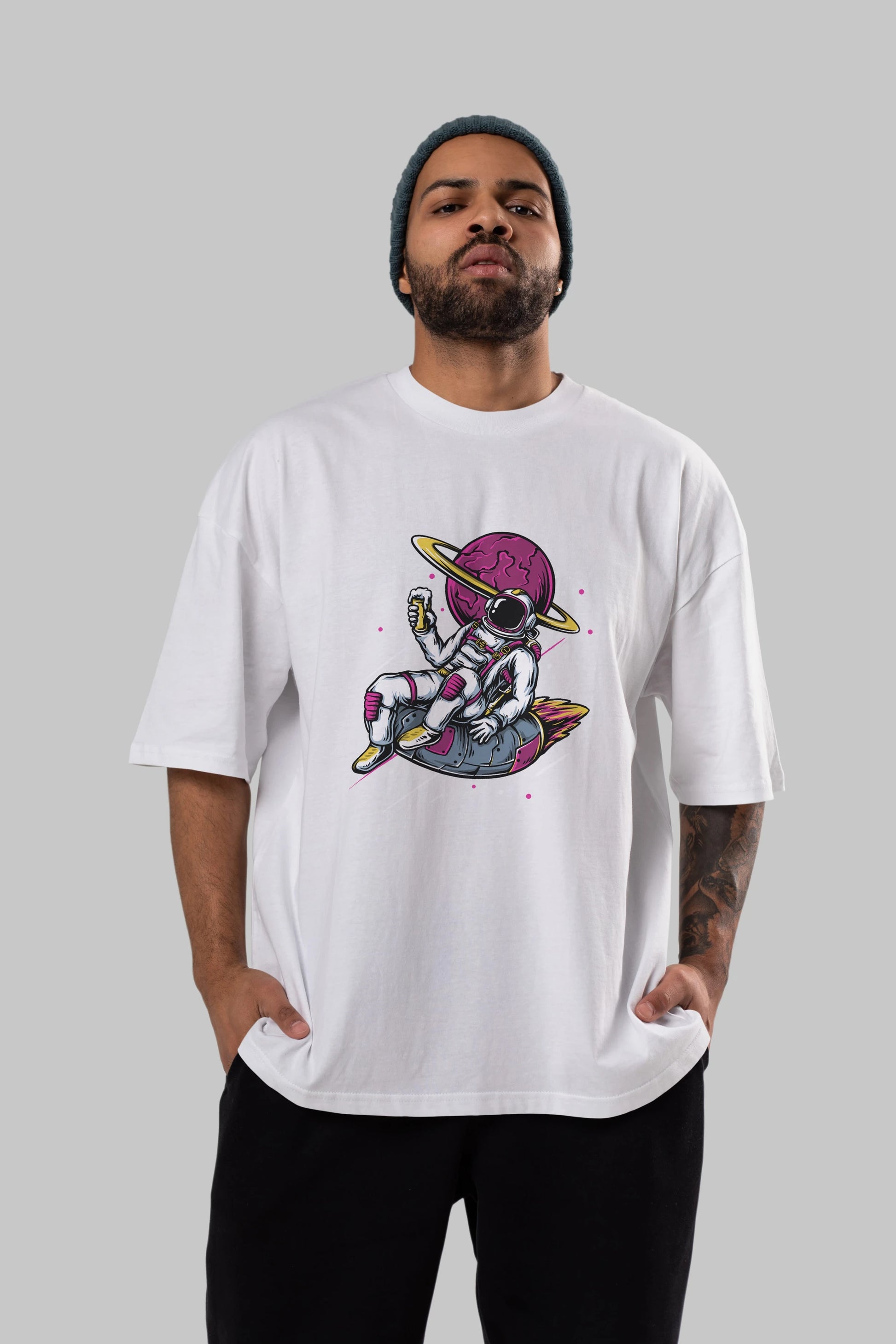 Astronaut Beer Ön Baskılı Oversize t-shirt Erkek Kadın Unisex