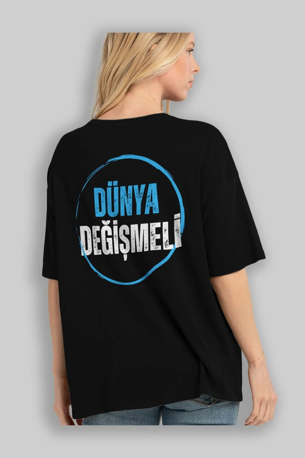 Dünya Değişmeli Yazılı Arka Baskılı Oversize t-shirt Erkek Kadın Unisex