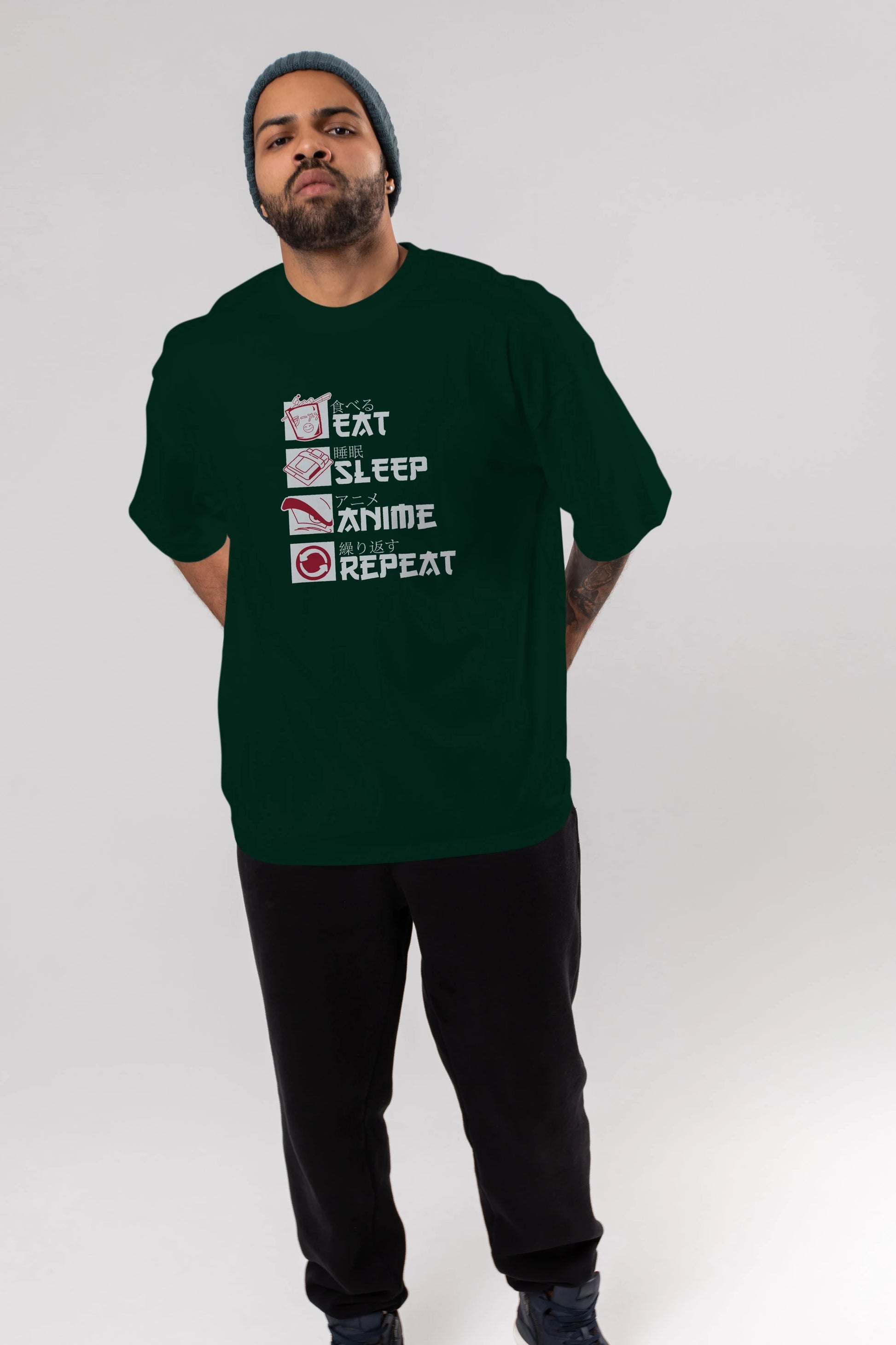 Eat, Sleep, Anime, Repeat Anime Ön Baskılı Oversize t-shirt %100 pamuk Erkek Kadın Unisex
