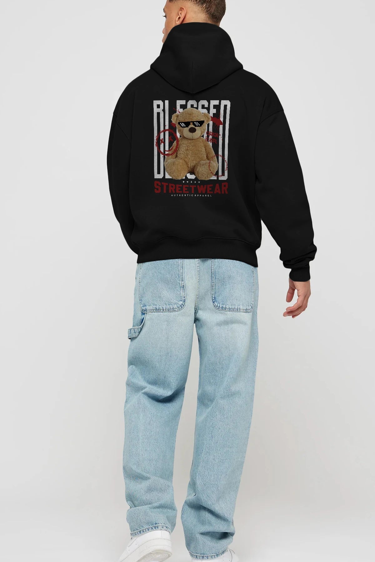Blessed Bear Arka Baskılı Hoodie Oversize Kapüşonlu Sweatshirt Erkek Kadın Unisex