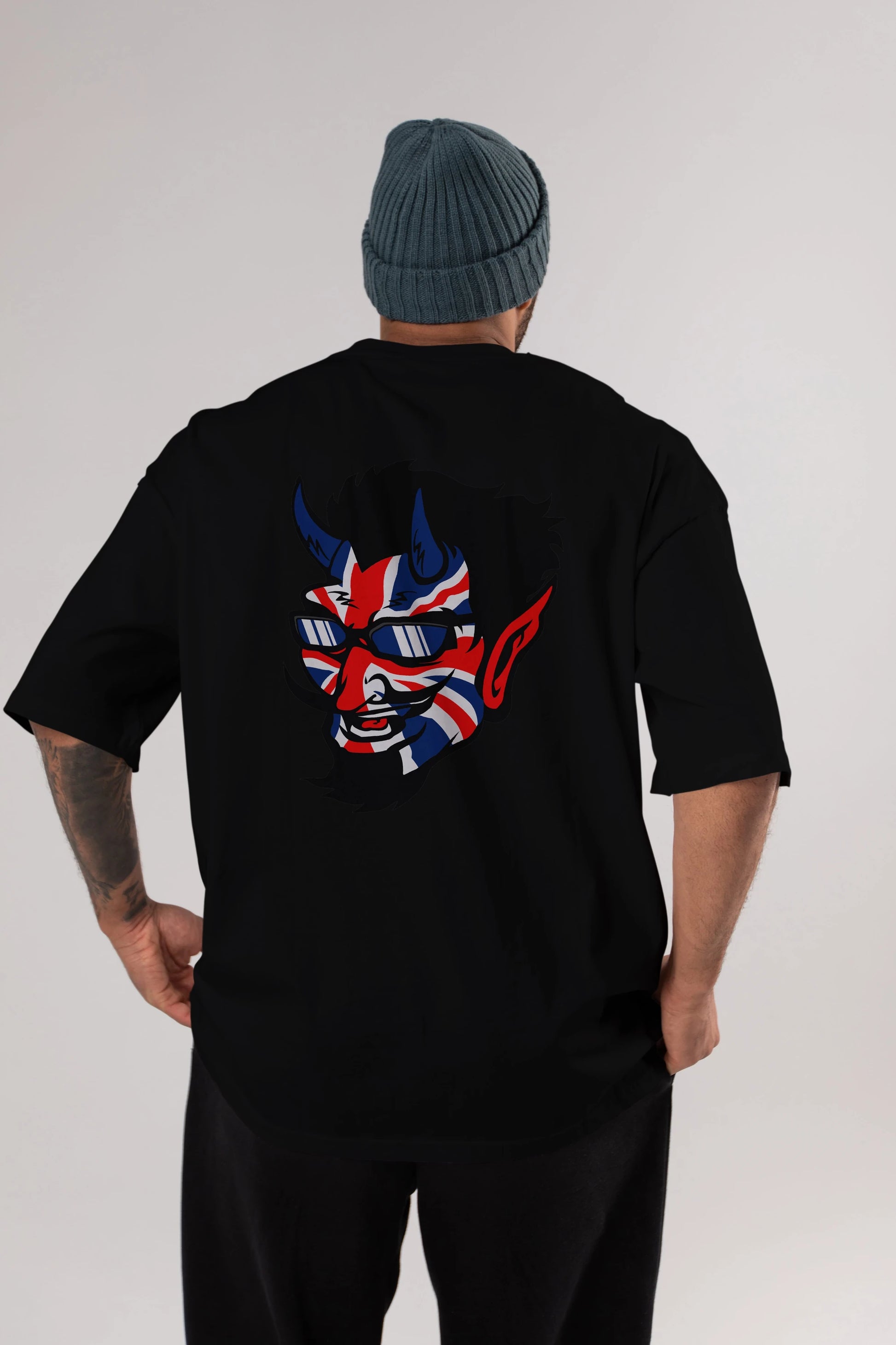 UK Devil Arka Baskılı Oversize t-shirt Erkek Kadın Unisex %100 Pamuk tişort
