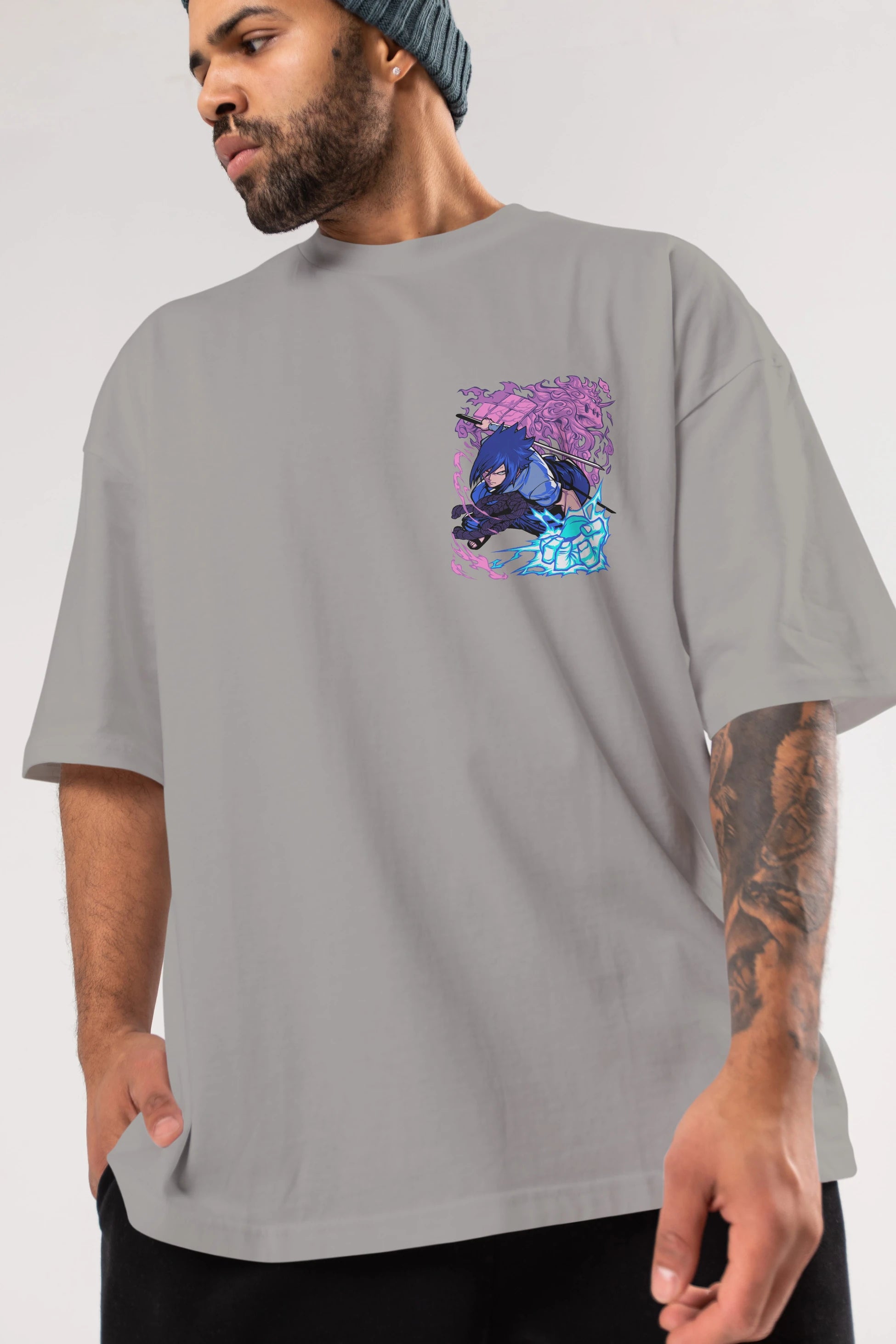 NARUTO SASUKE UCHIHA 2 Ön Sol Baskılı Oversize t-shirt Erkek Kadın Unisex %100 Pamuk Bisiklet Yaka tişort