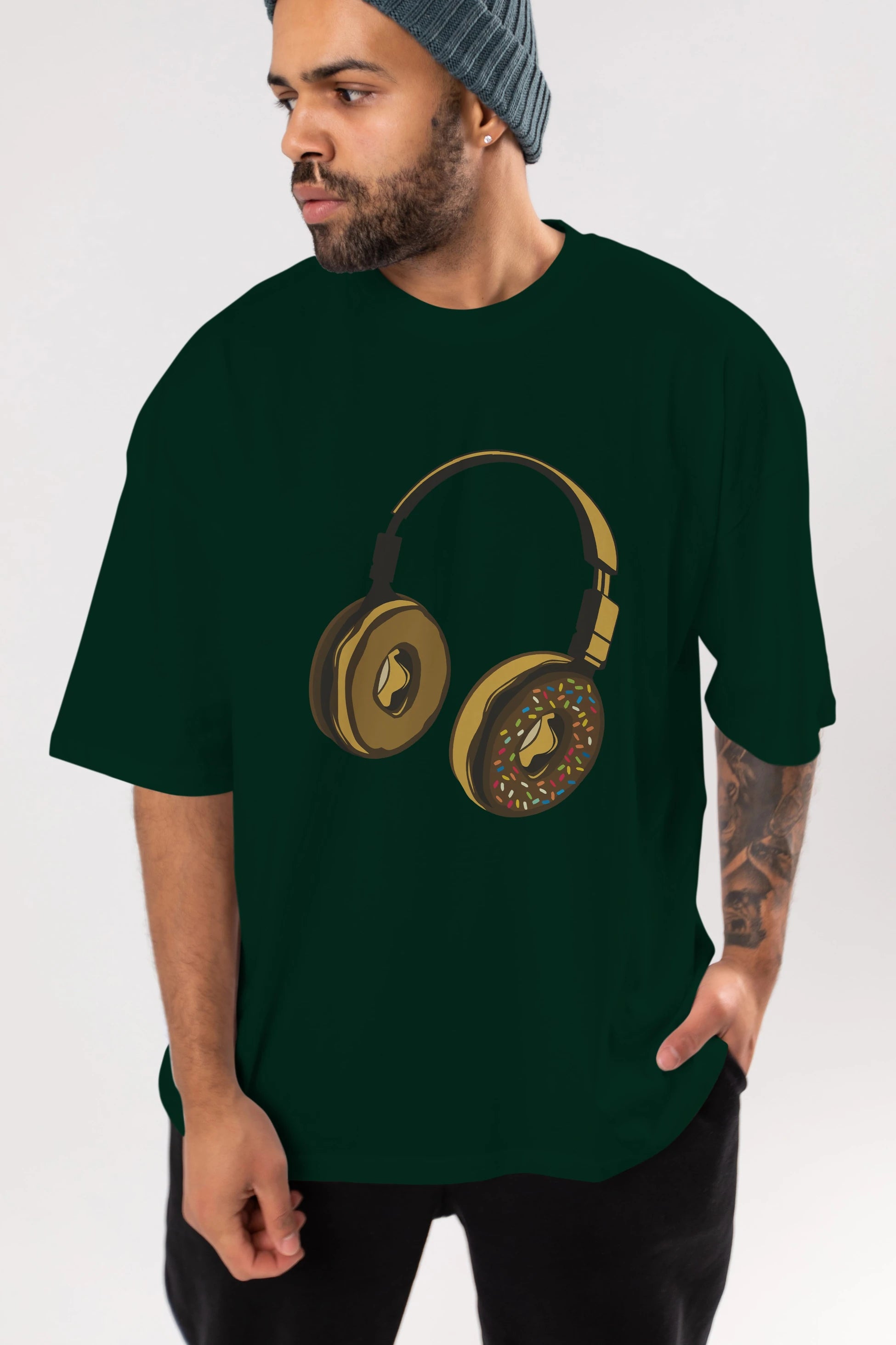 Headphone Donut Ön Baskılı Oversize t-shirt %100 pamuk Erkek Kadın Unisex
