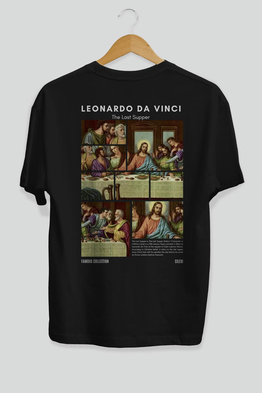 Leonardo Da Vinci Arka Baskılı Oversize t-shirt Erkek Kadın Bisiklet Yaka Pamuk tişort