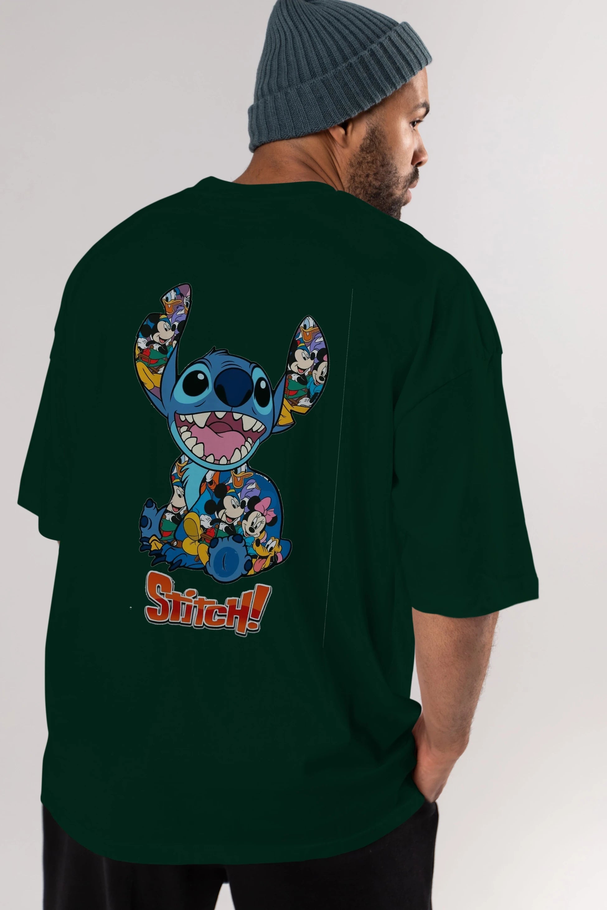 Stitch Arka Baskılı Oversize t-shirt Erkek Kadın Unisex %100 Pamuk Bisiklet Yaka tişort