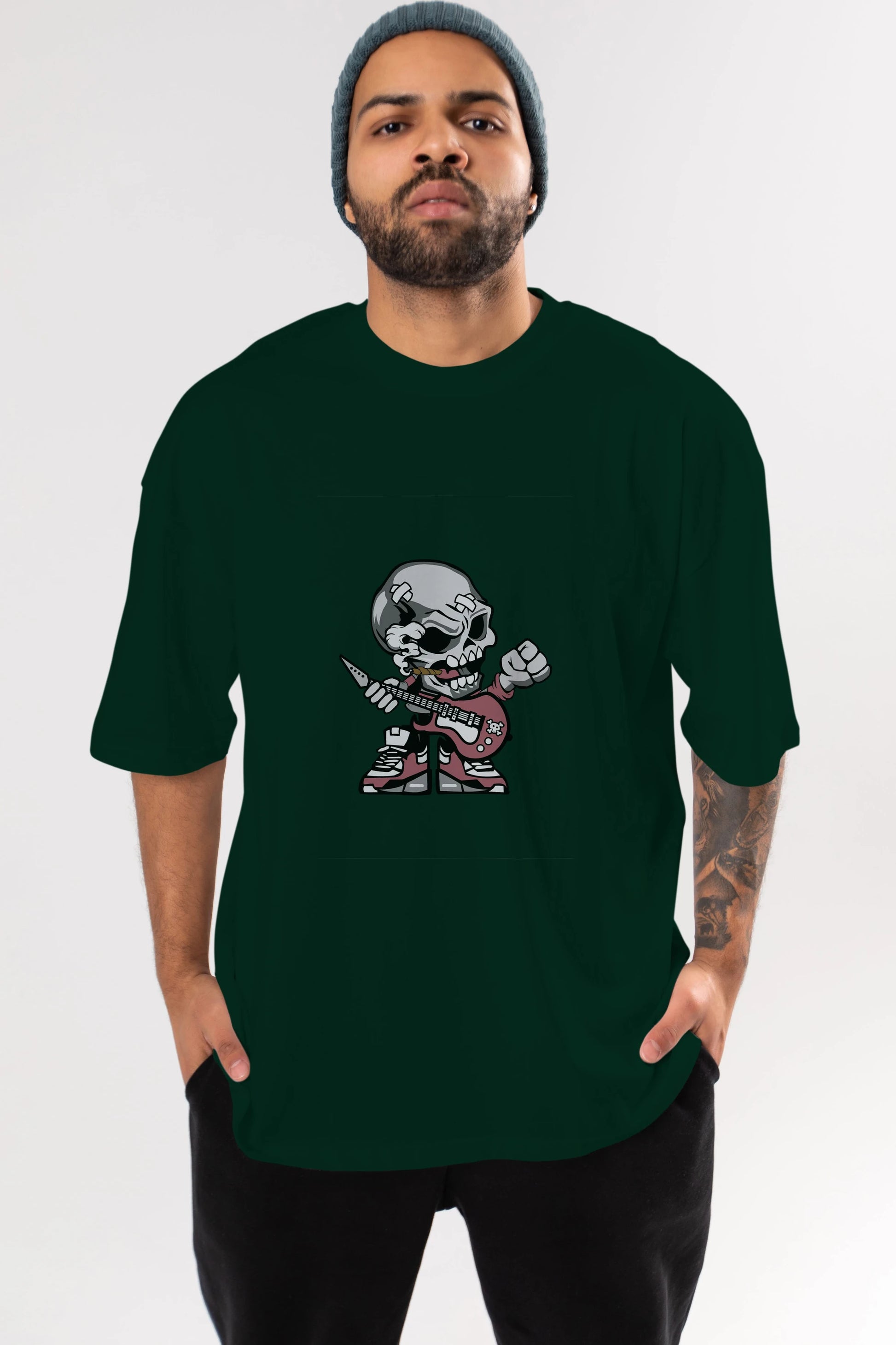 Skull Rockstar Ön Baskılı Oversize t-shirt Erkek Kadın Unisex %100 Pamuk tişort
