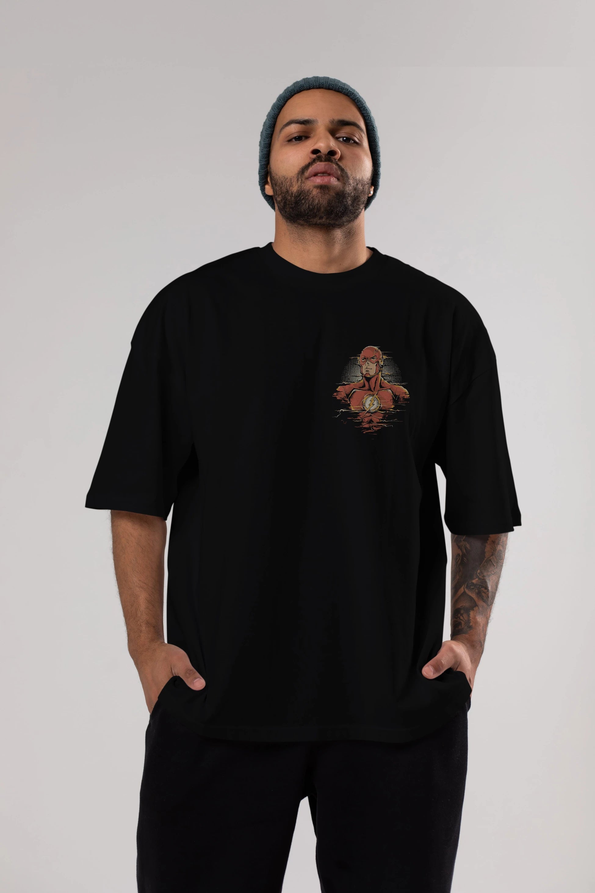 Flash Avengers Ön Sol Baskılı Oversize t-shirt Erkek Kadın Unisex %100 Pamuk Bisiklet Yaka tişort