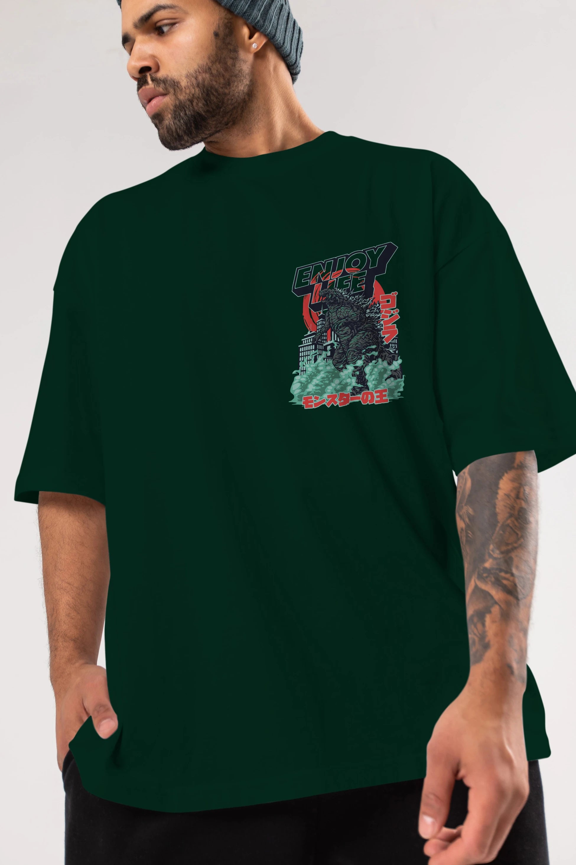 Godzilla Ön Sol Baskılı Oversize t-shirt Erkek Kadın Unisex %100 Pamuk Bisiklet Yaka tişort