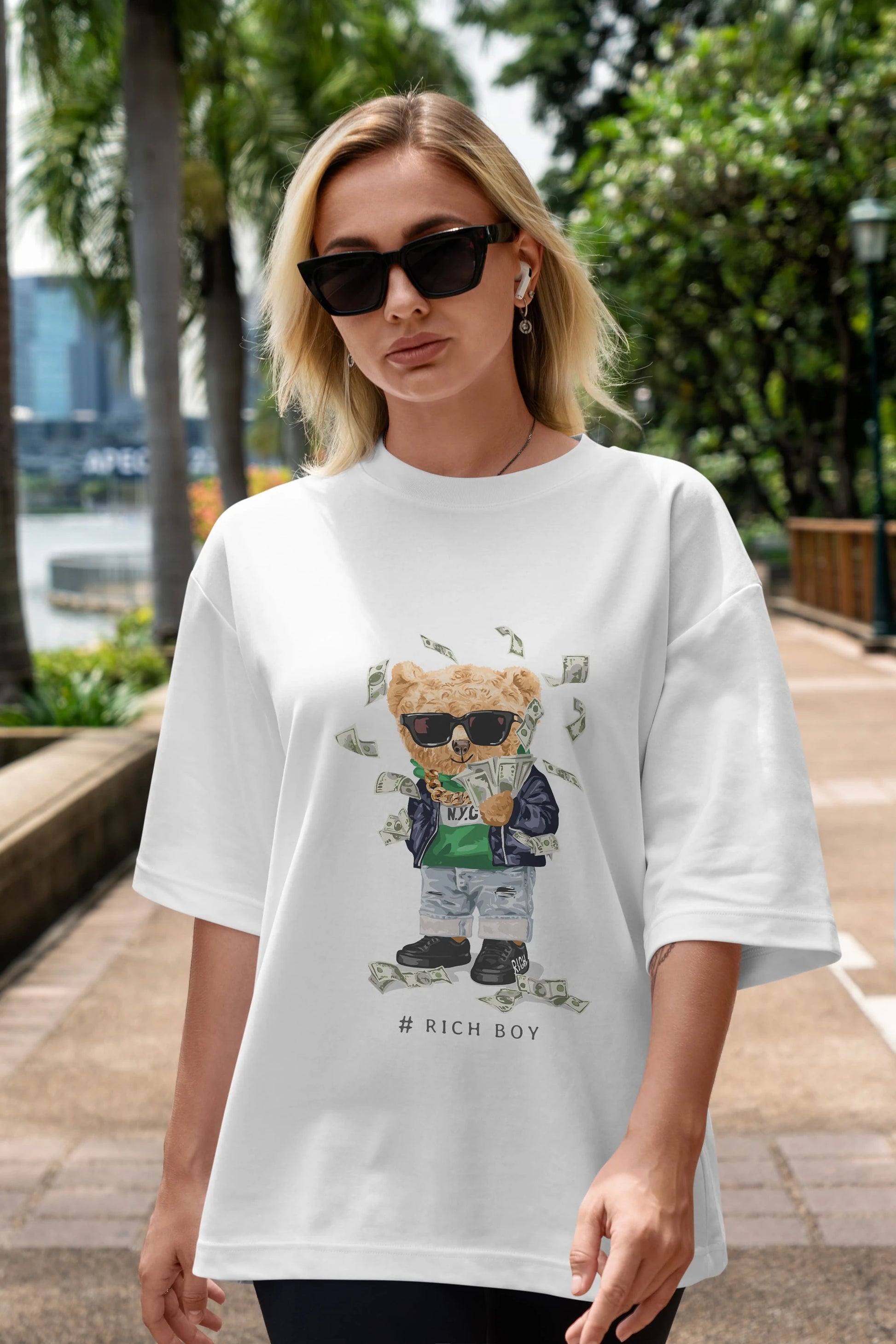 Teddy Bear Rich Boy Ön Baskılı Oversize t-shirt Erkek Kadın Unisex %100 Pamuk