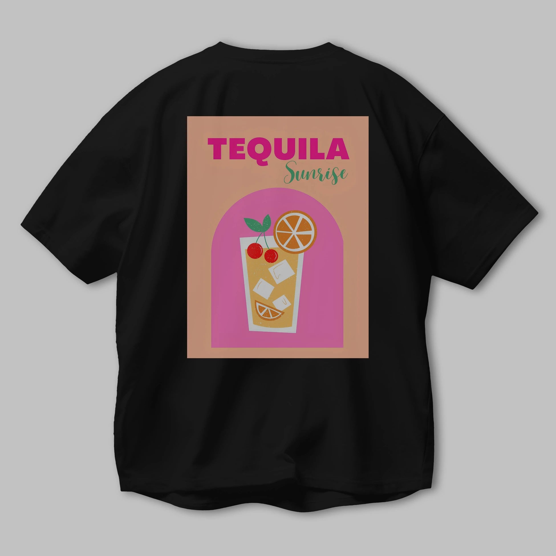 Tequila Sunrise 2 Arka Baskılı Oversize t-shirt Erkek Kadın Unisex %100 Pamuk Bisiklet Yaka tişort