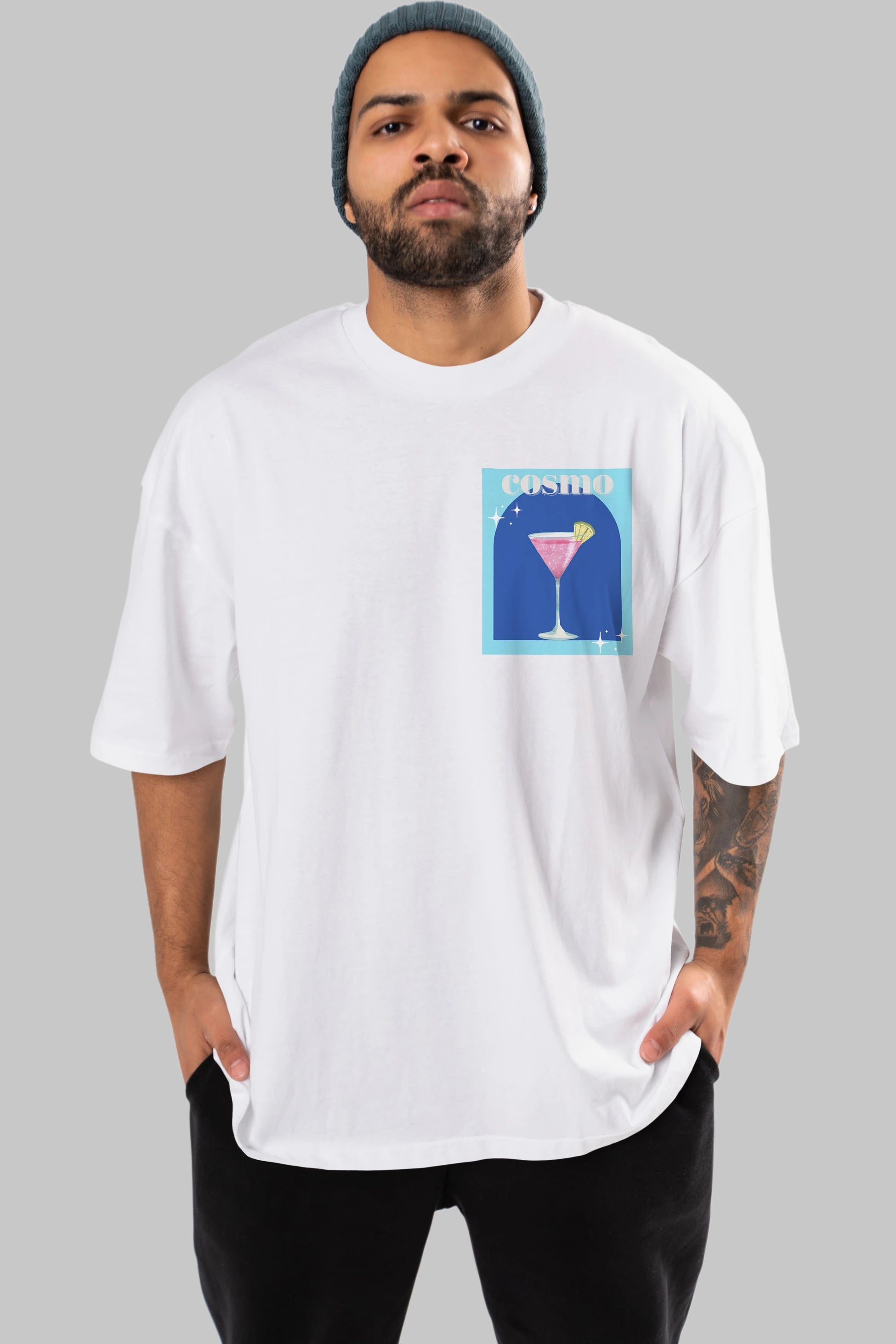Cosmopolitan 2 Ön Sol Baskılı Oversize t-shirt Erkek Kadın Unisex %100 Pamuk Bisiklet Yaka tişort