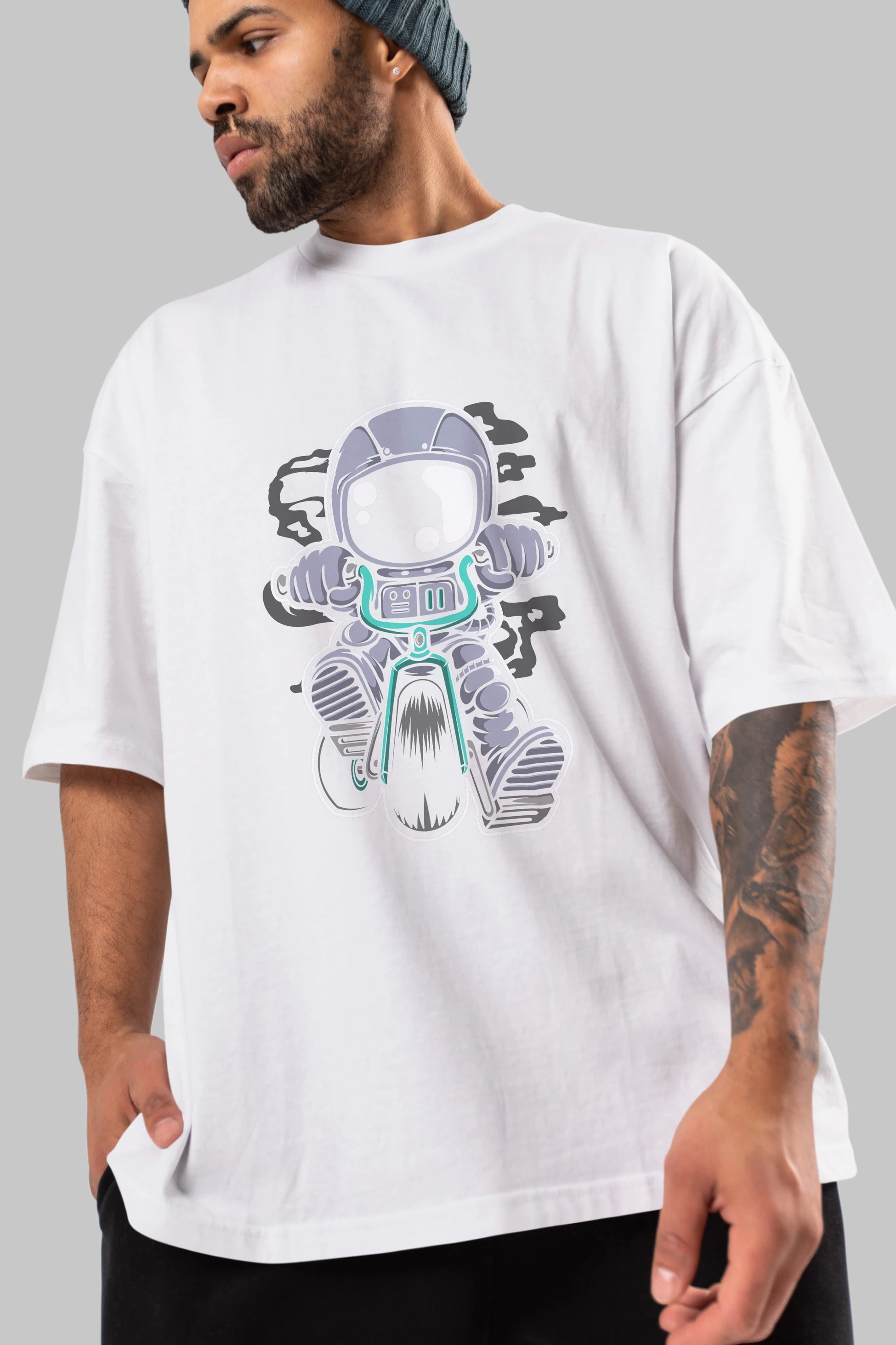 Astronaut Biker Ön Baskılı Oversize t-shirt Erkek Kadın Unisex