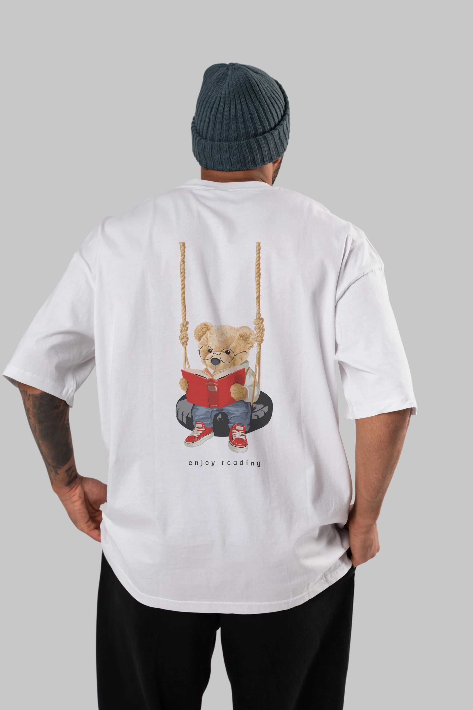 Teddy Bear Enjoy Reading Arka Baskılı Oversize t-shirt Erkek Kadın Unisex %100 Pamuk