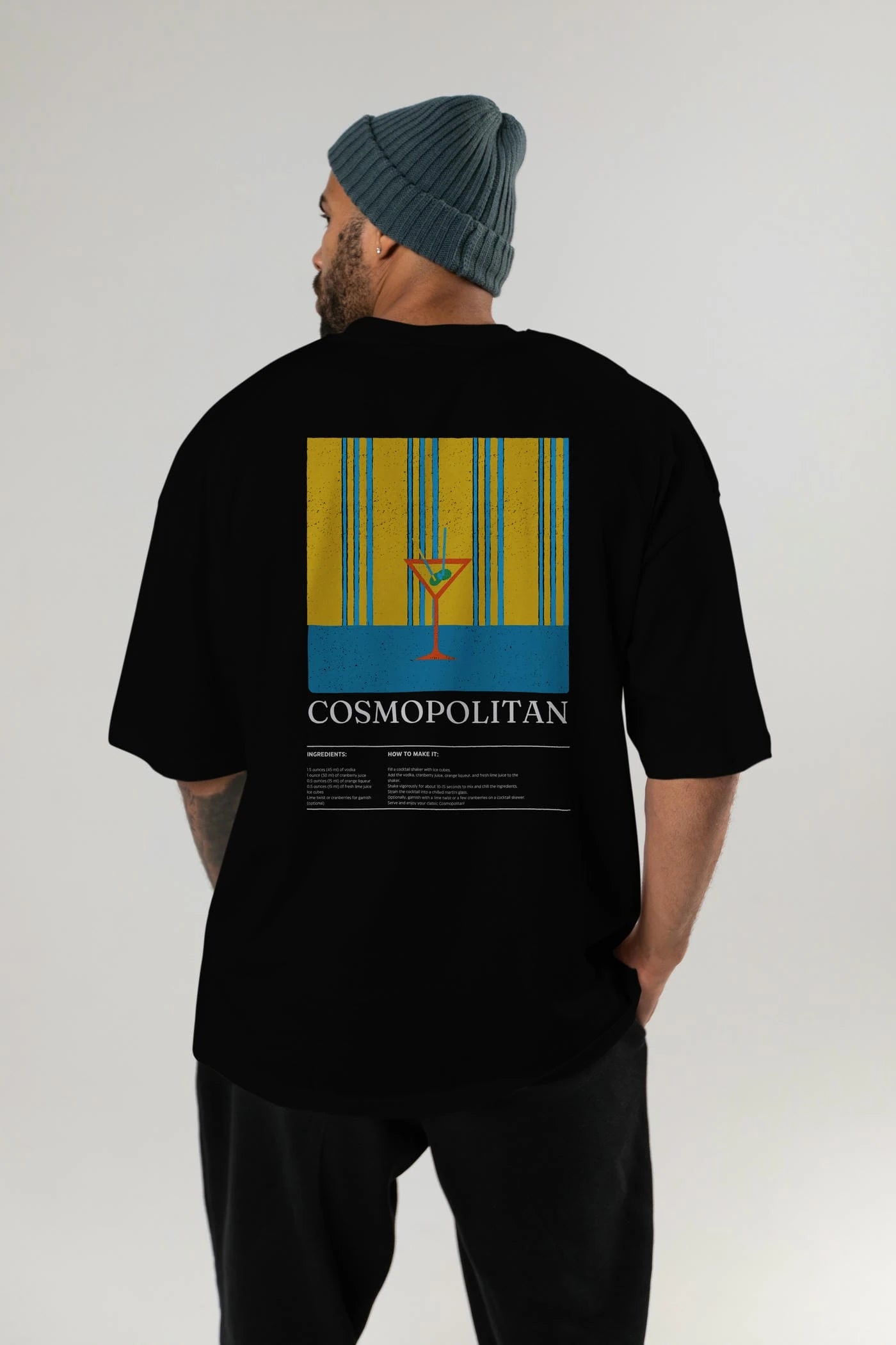 Cosmopolitan Kokteyl Serisi Arka Baskılı Oversize t-shirt Erkek Kadın %100 Pamuk Bisiklet Yaka tişort