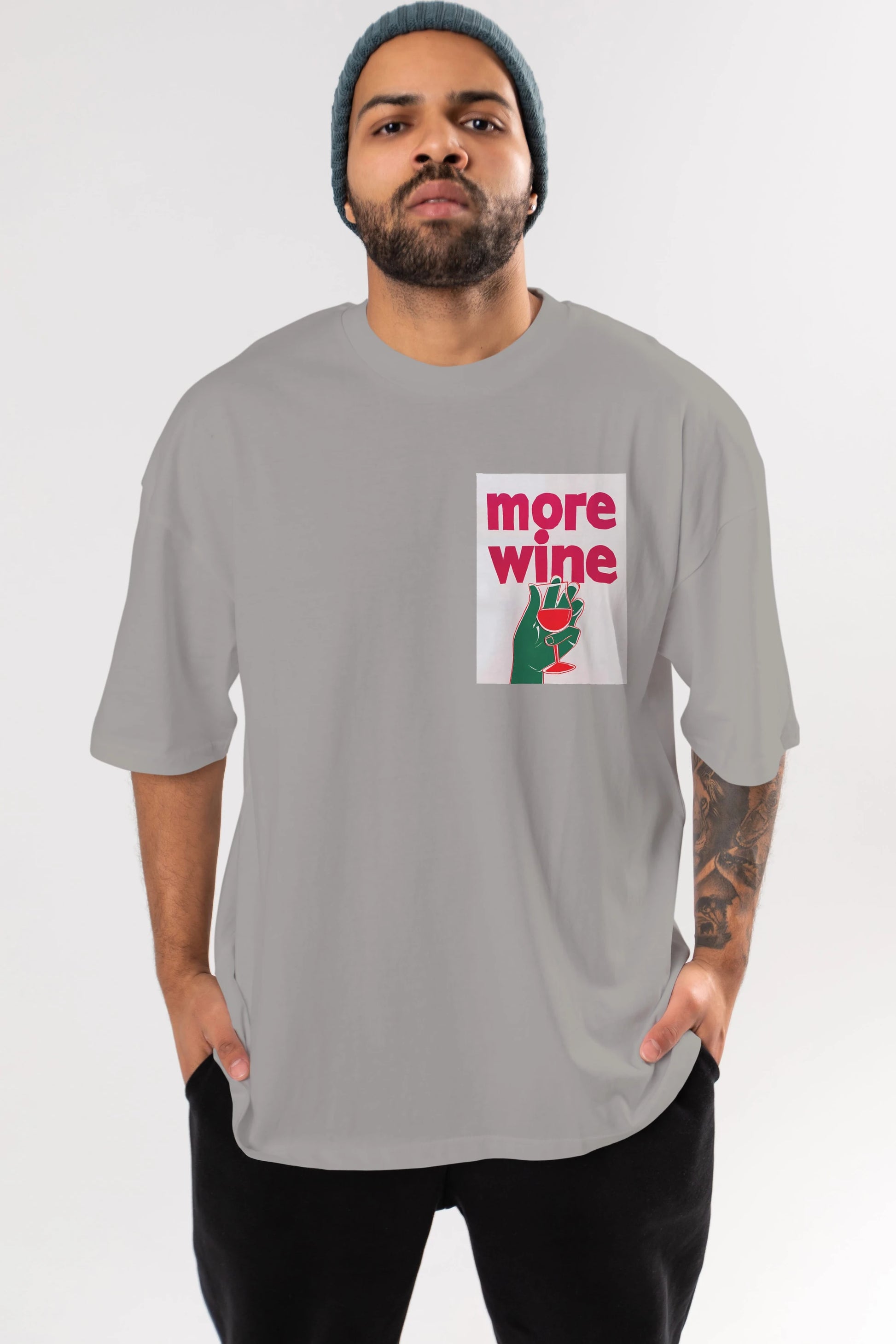More Wine 3 Ön Sol Baskılı Oversize t-shirt Erkek Kadın Unisex %100 Pamuk Bisiklet Yaka tişort