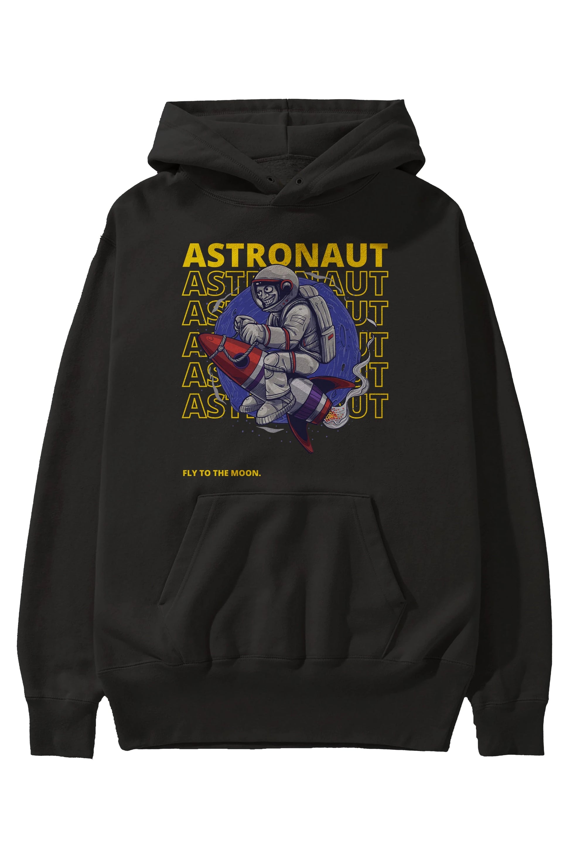 Astronaut Fly to the Moon Yazılı Ön Baskılı Oversize Hoodie Kapüşonlu Sweatshirt Erkek Kadın Unisex