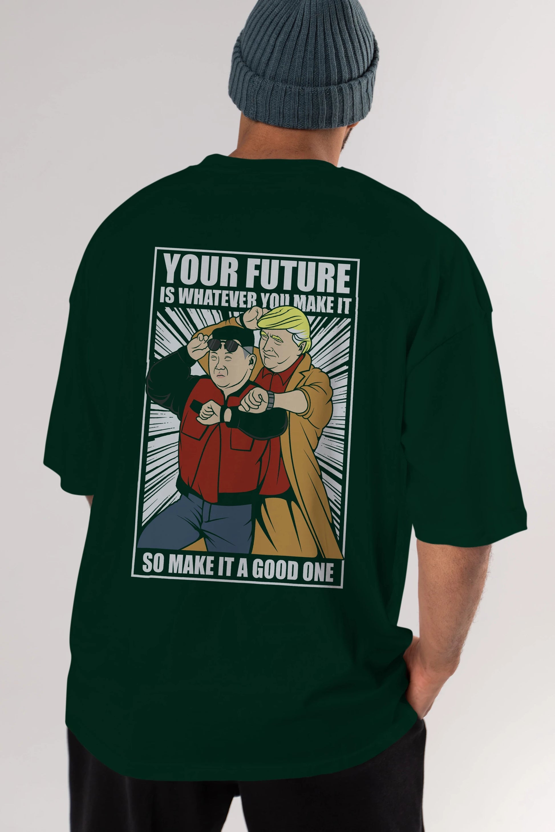 Back To The Future Jong Un Trump Arka Baskılı Oversize t-shirt Erkek Kadın Unisex %100 Pamuk tişort