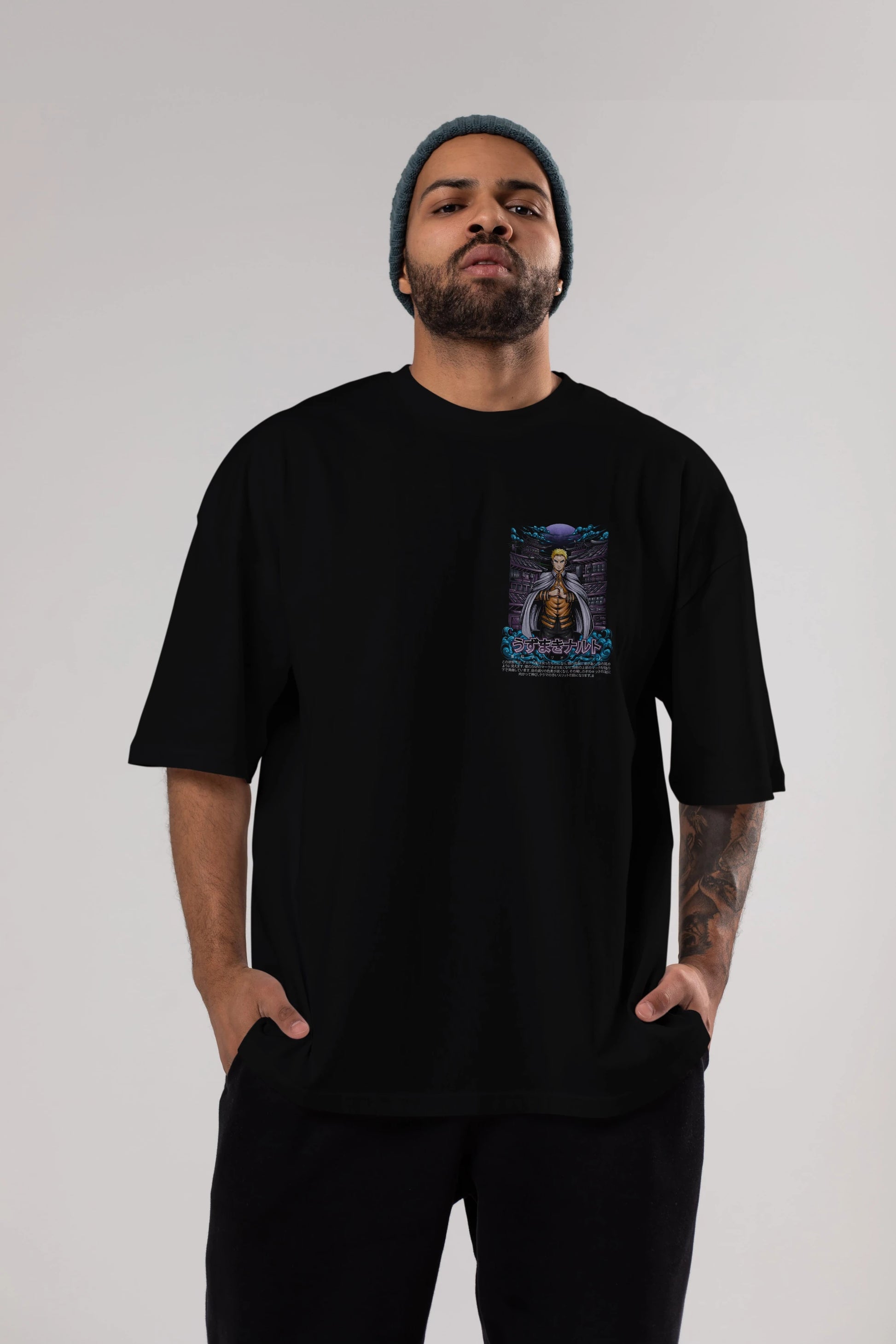NARUTO (8) Ön Sol Baskılı Oversize t-shirt Erkek Kadın Unisex %100 Pamuk Bisiklet Yaka tişort