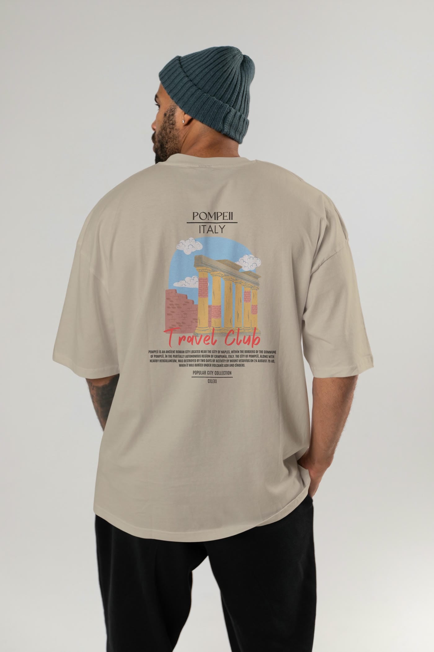 Pompeii İtaly Arka Baskılı Oversize t-shirt Erkek Kadın Pamuk Bisiklet Yaka tişort