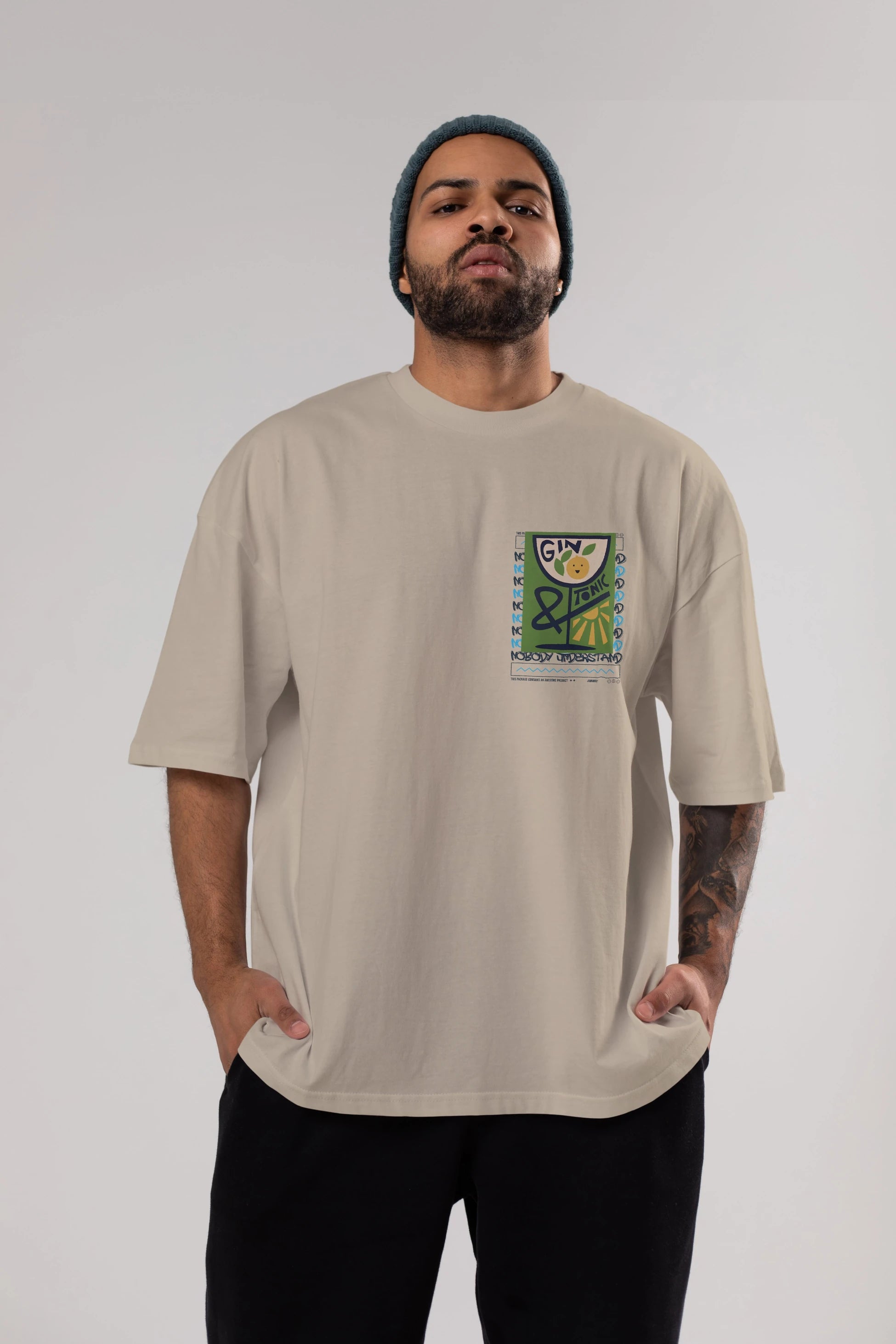 Gin Tonic 3 Ön Sol Baskılı Oversize t-shirt Erkek Kadın Unisex %100 Pamuk Bisiklet Yaka tişort