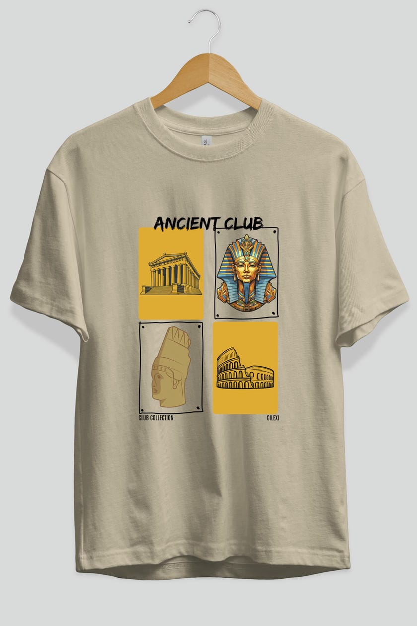 Ancient Club ön Baskılı Oversize t-shirt Erkek Kadın %100 Pamuk Bisiklet Yaka tişort