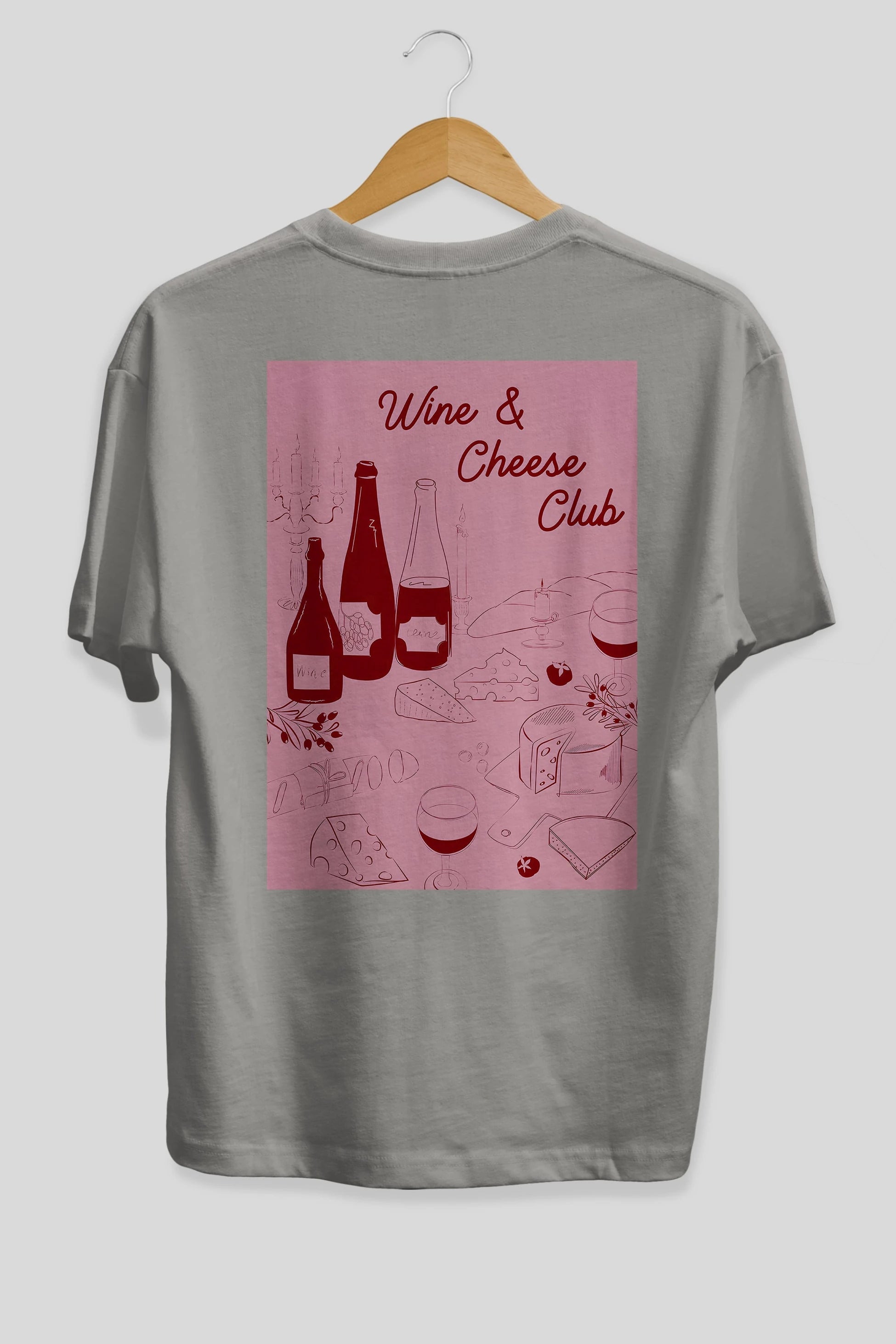 Wine Cheese Club Arka Baskılı Oversize t-shirt Erkek Kadın Unisex %100 Pamuk Bisiklet Yaka tişort