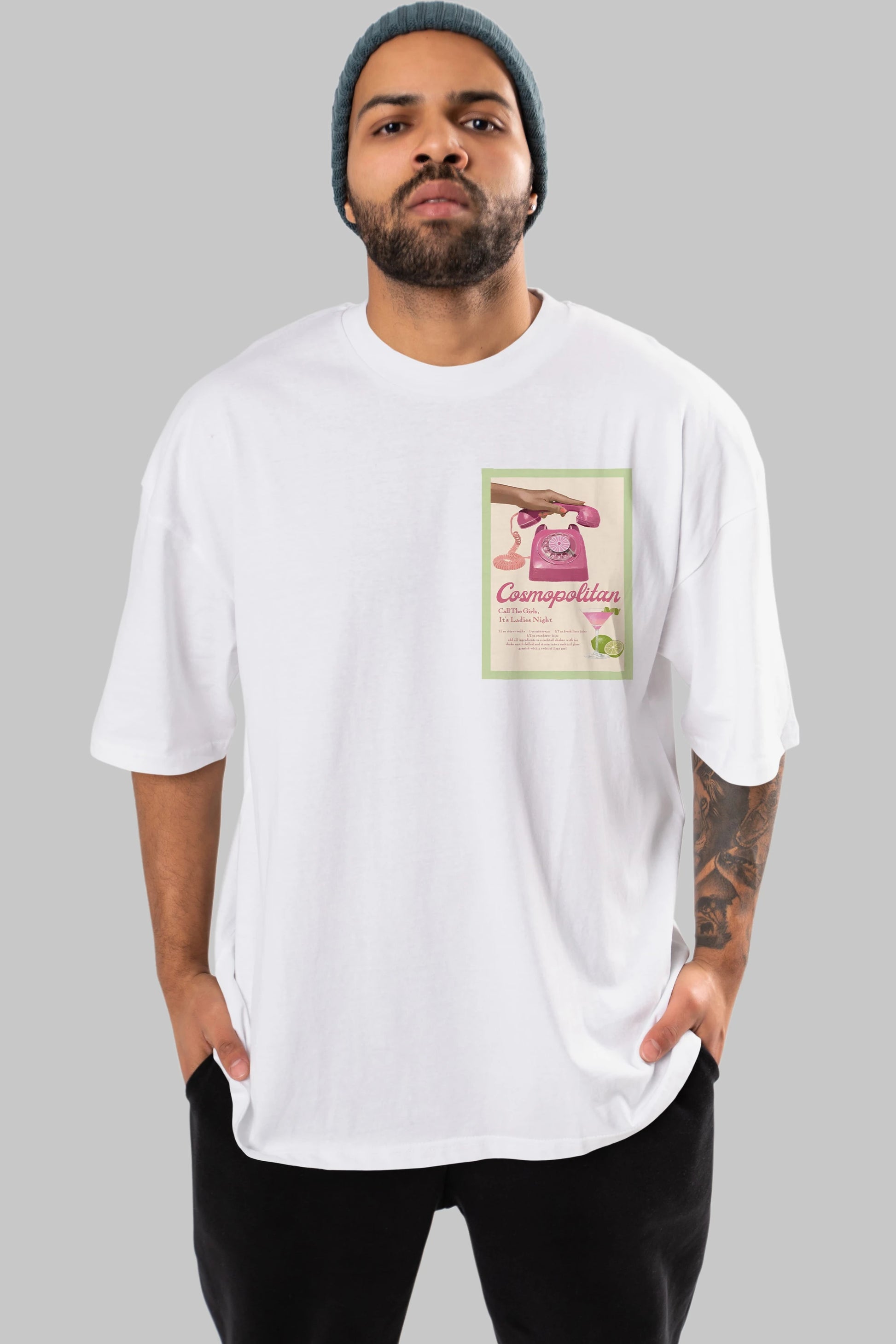 Cosmopolitan 5 Ön Sol Baskılı Oversize t-shirt Erkek Kadın Unisex %100 Pamuk Bisiklet Yaka tişort
