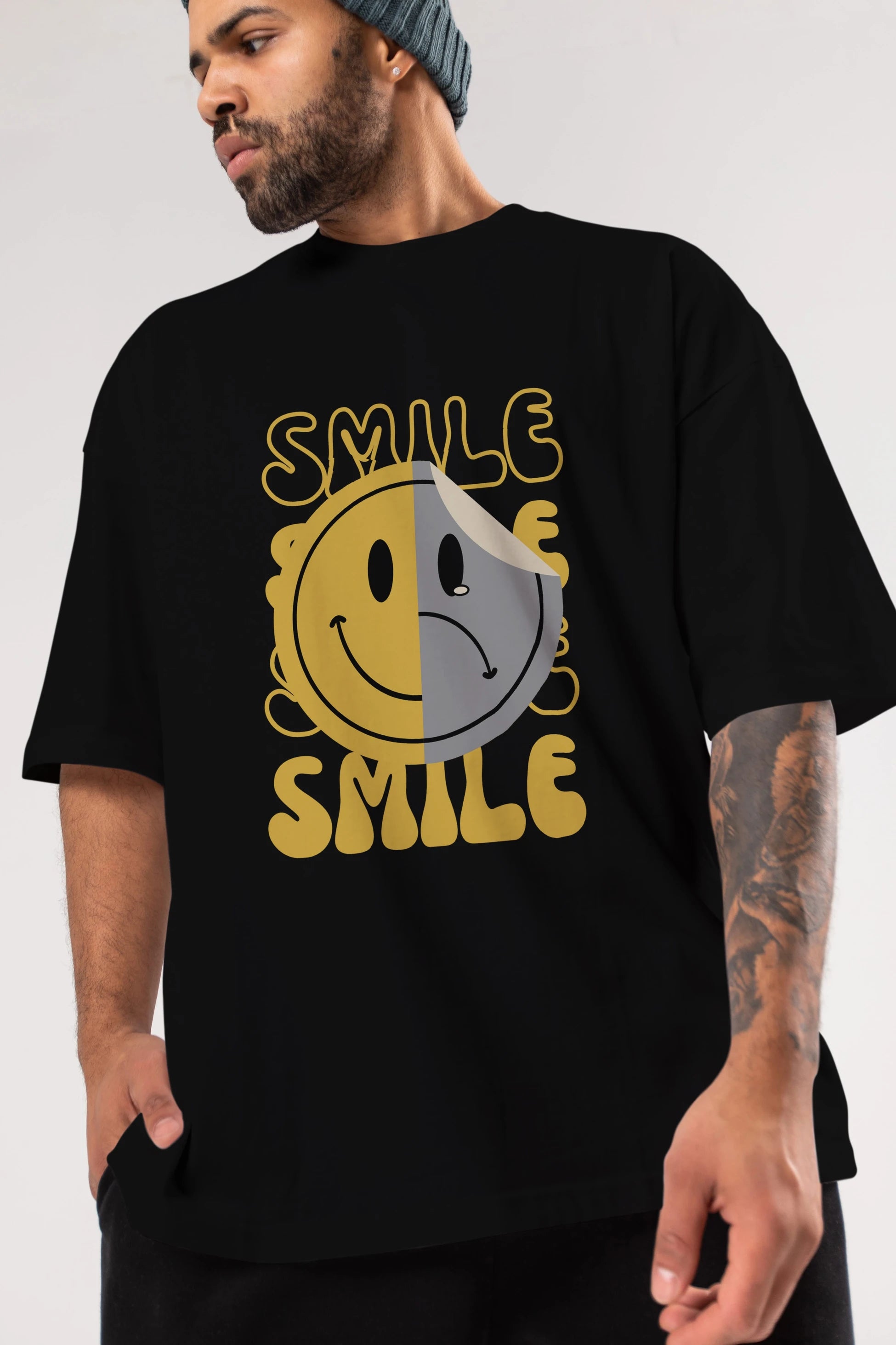 Smile Yazılı Ön Baskılı Oversize t-shirt Erkek Kadın Unisex