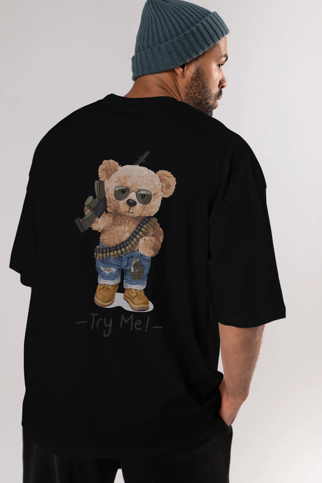 Teddy Bear Try Me Arka Baskılı Oversize t-shirt Erkek Kadın Unisex %100 Pamuk