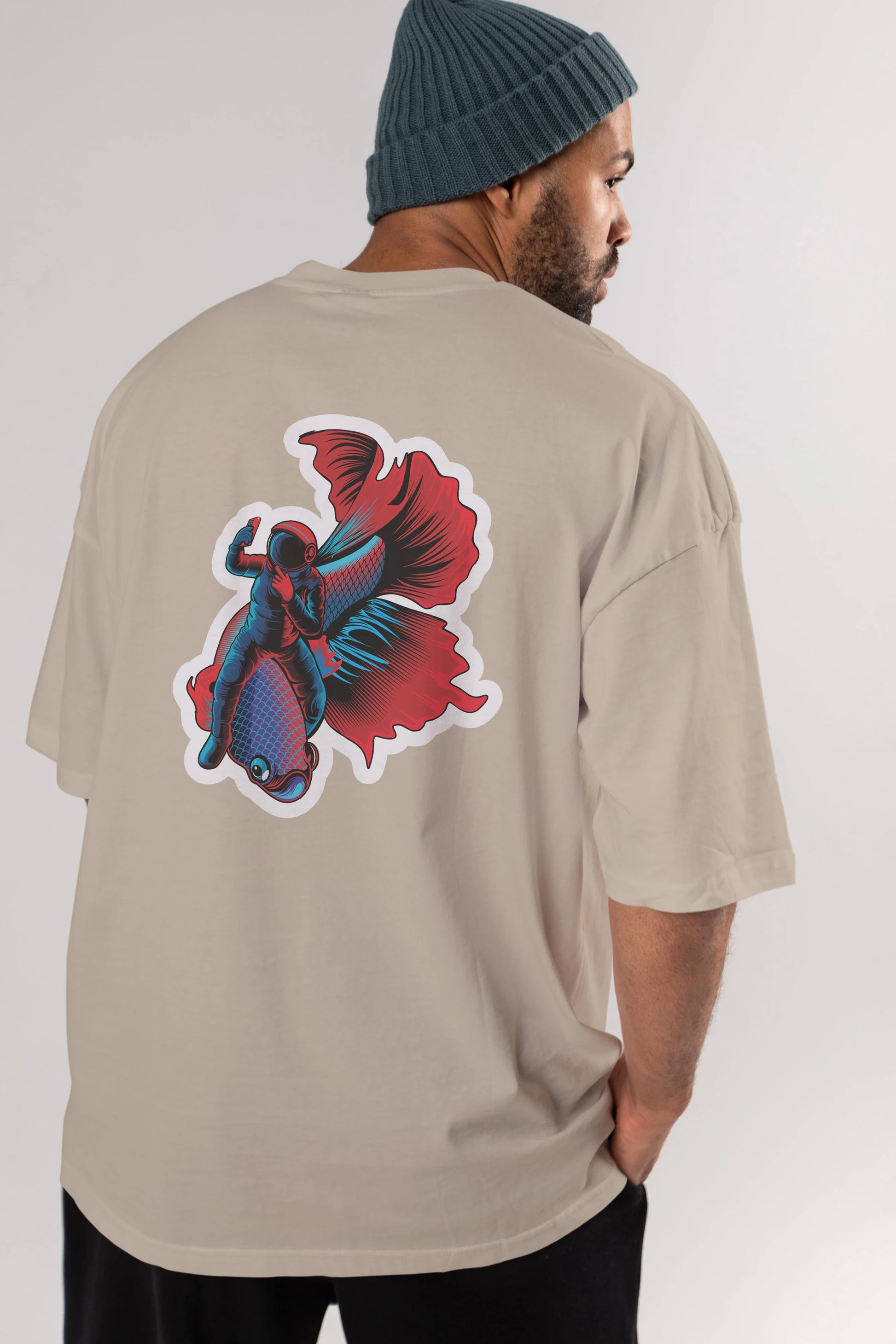 Astrofish selfie sticker Arka Baskılı Oversize t-shirt Erkek Kadın Unisex