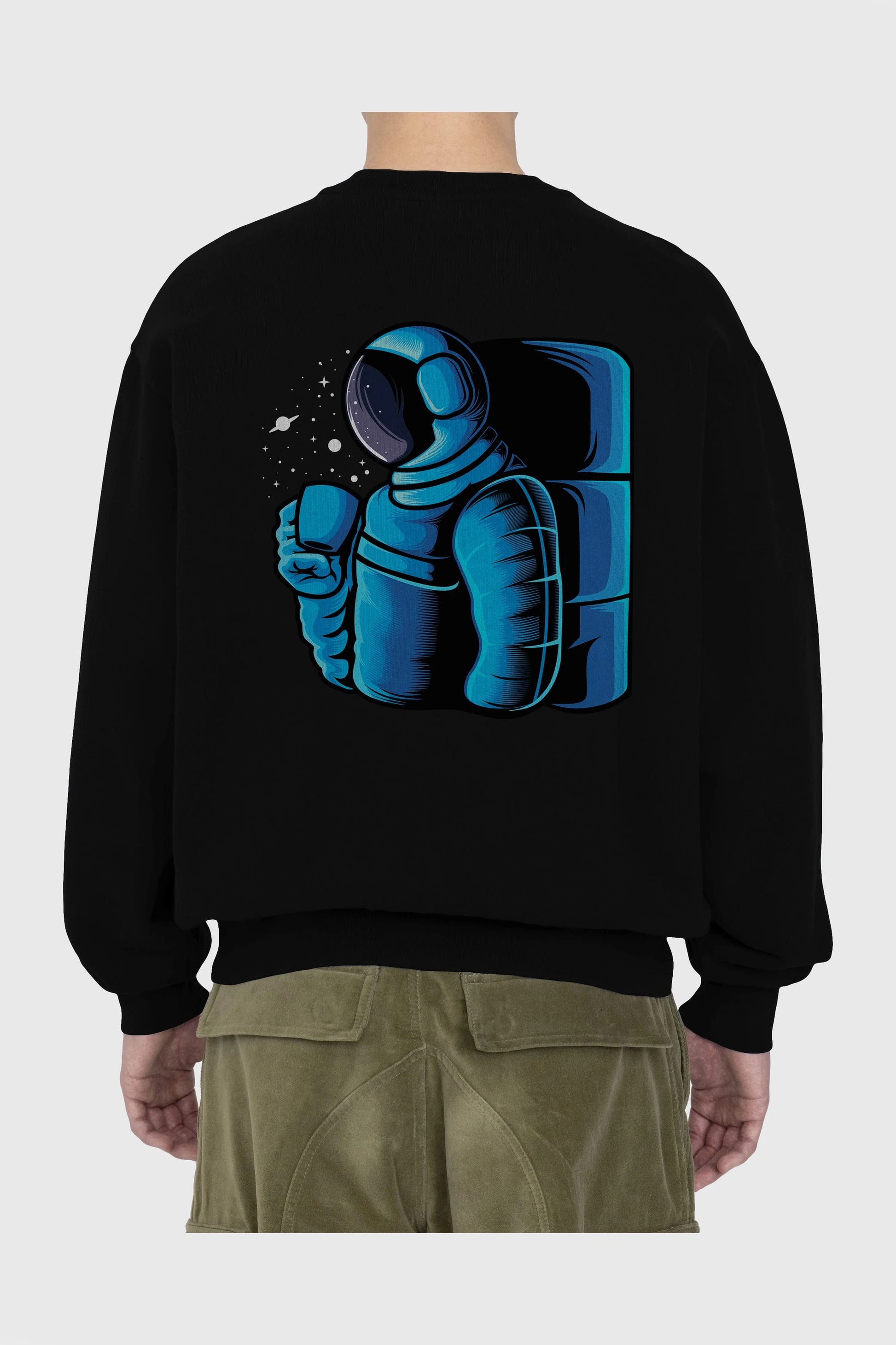 Drinking coffee in space Arka Baskılı Oversize Sweatshirt Erkek Kadın Unisex