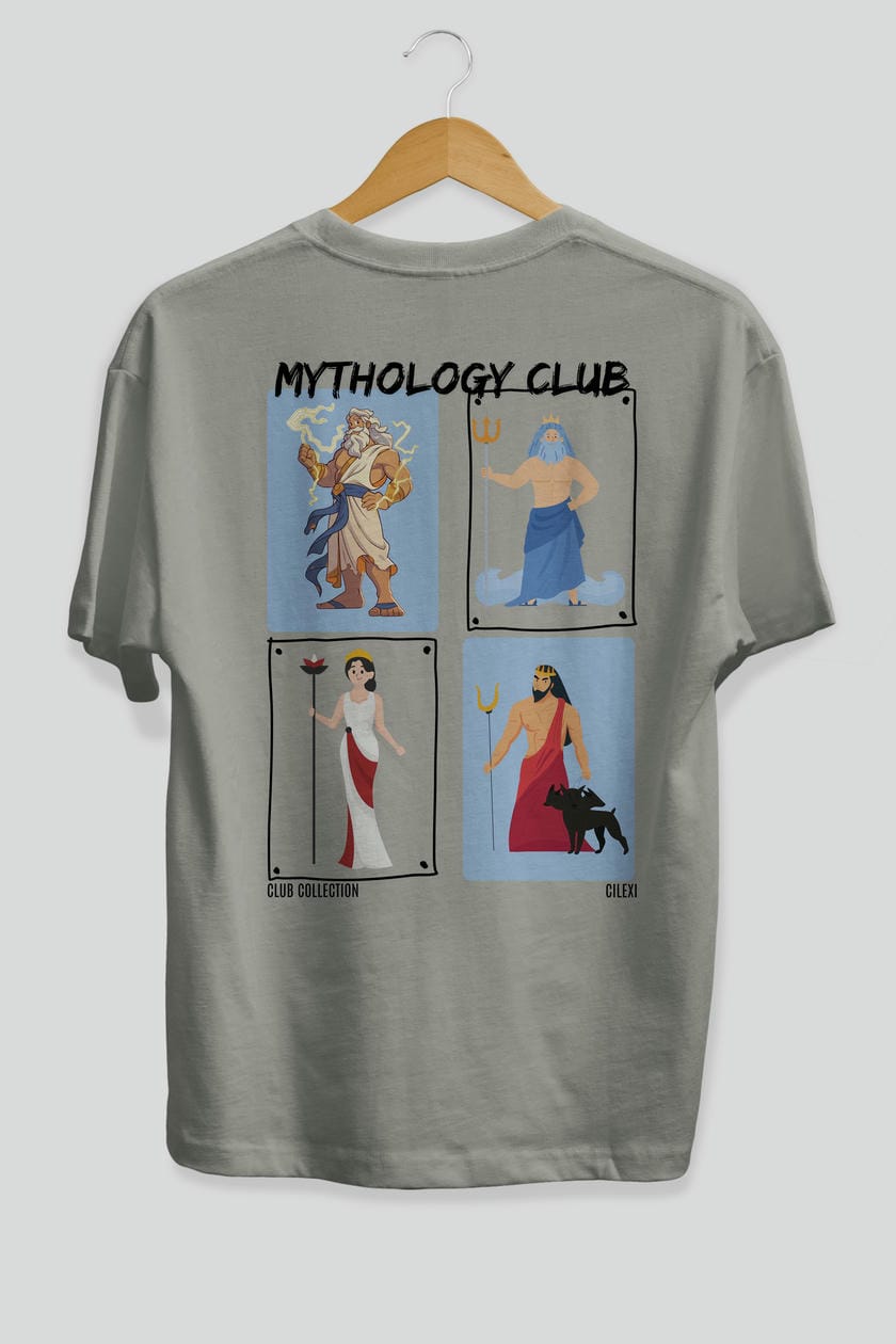 Mythology Club 2 Arka Baskılı Oversize t-shirt Erkek Kadın %100 Pamuk Bisiklet Yaka tişort