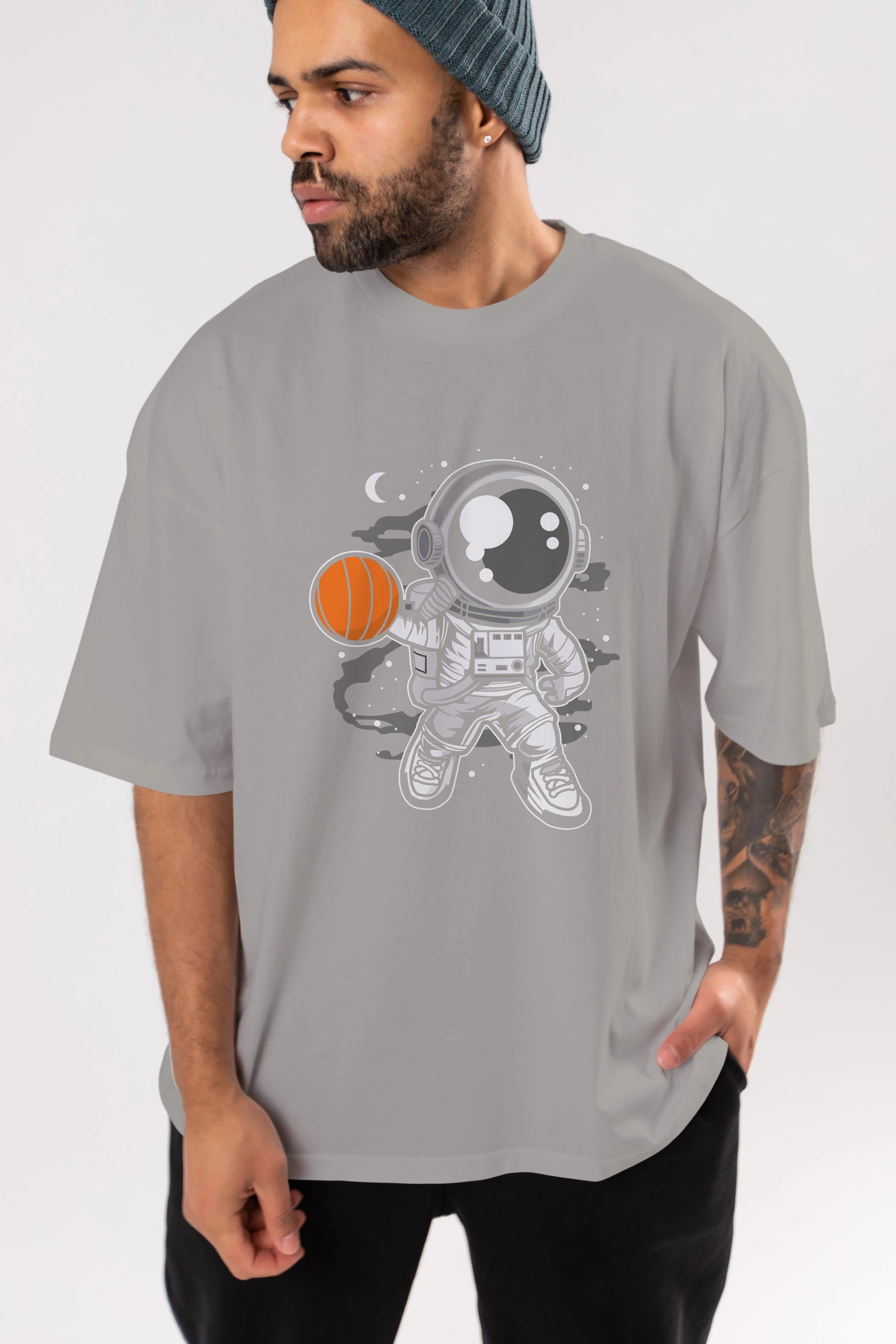 Astronaut Basketball Ön Baskılı Oversize t-shirt Erkek Kadın Unisex