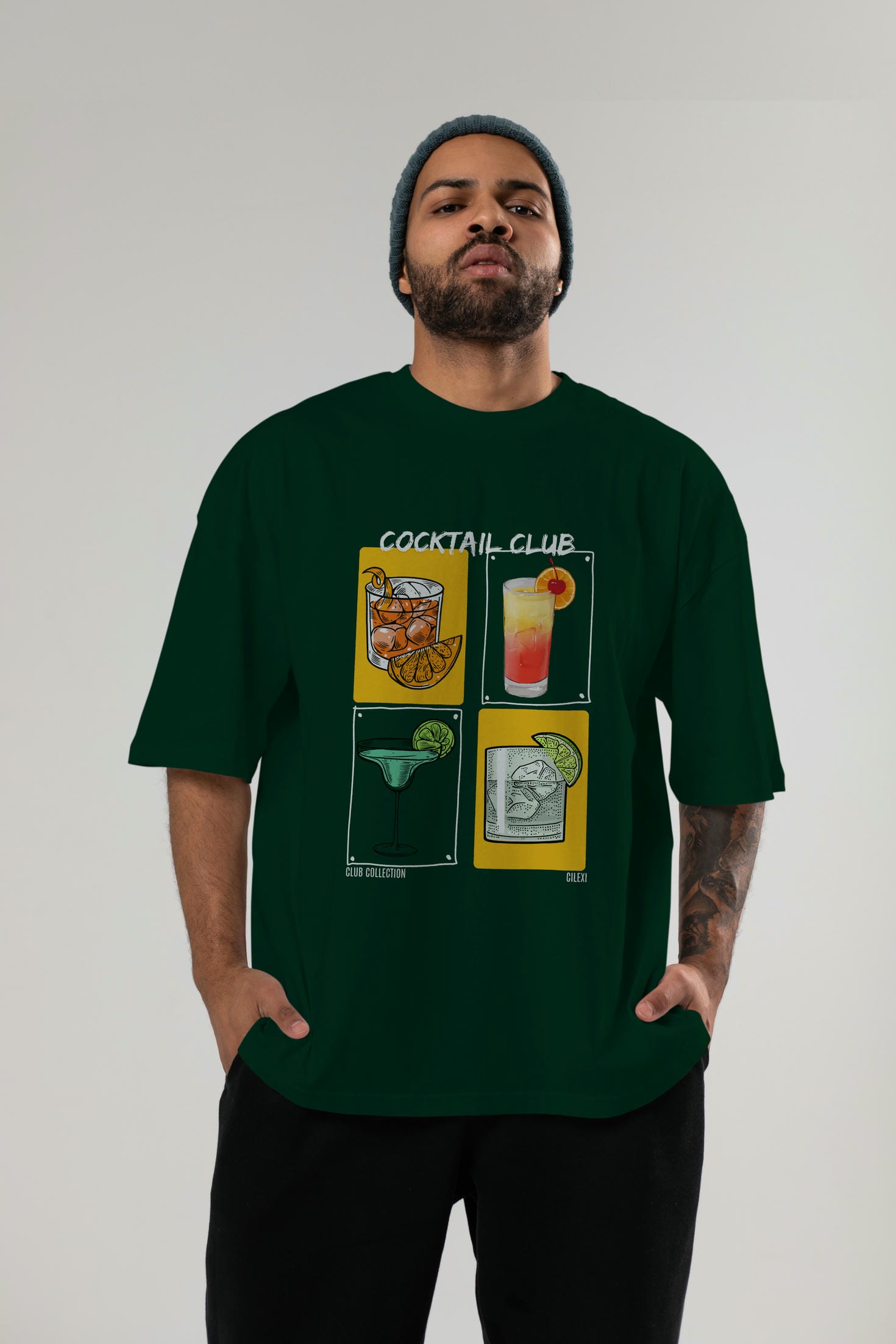 Cocktail Club ön Baskılı Oversize t-shirt Erkek Kadın %100 Pamuk Bisiklet Yaka tişort