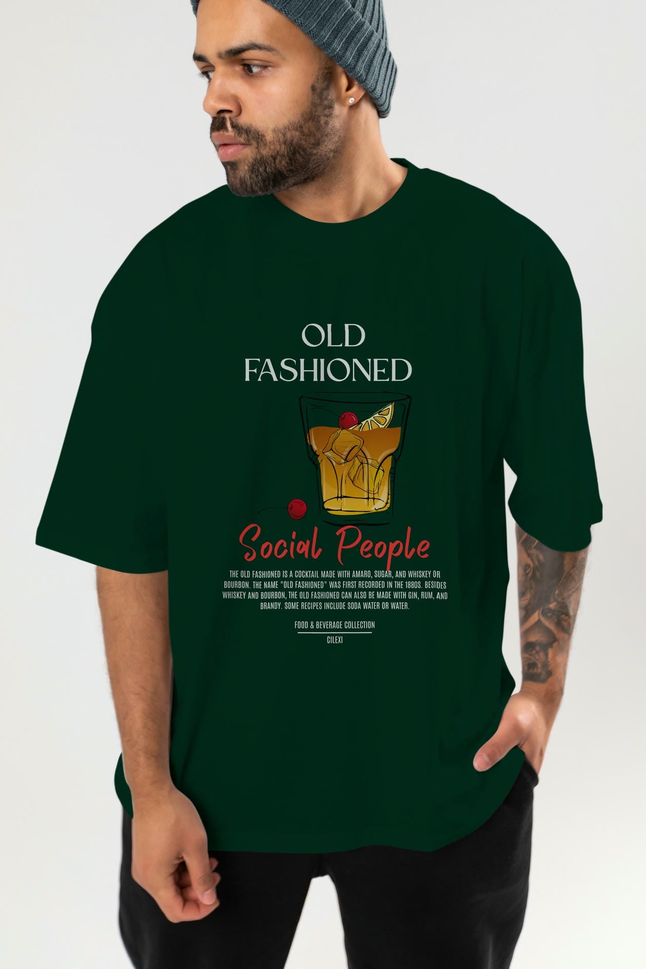 Old Fashıoned Kokteyl Serisi ön Baskılı Oversize t-shirt Erkek Kadın %100 Pamuk Bisiklet Yaka tişort