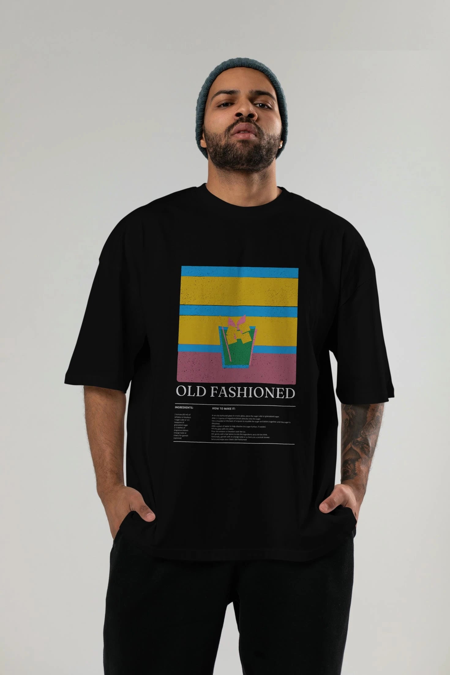 Old Fashioned Kokteyl Ön Baskılı Oversize t-shirt Erkek Kadın %100 Pamuk Bisiklet Yaka tişort