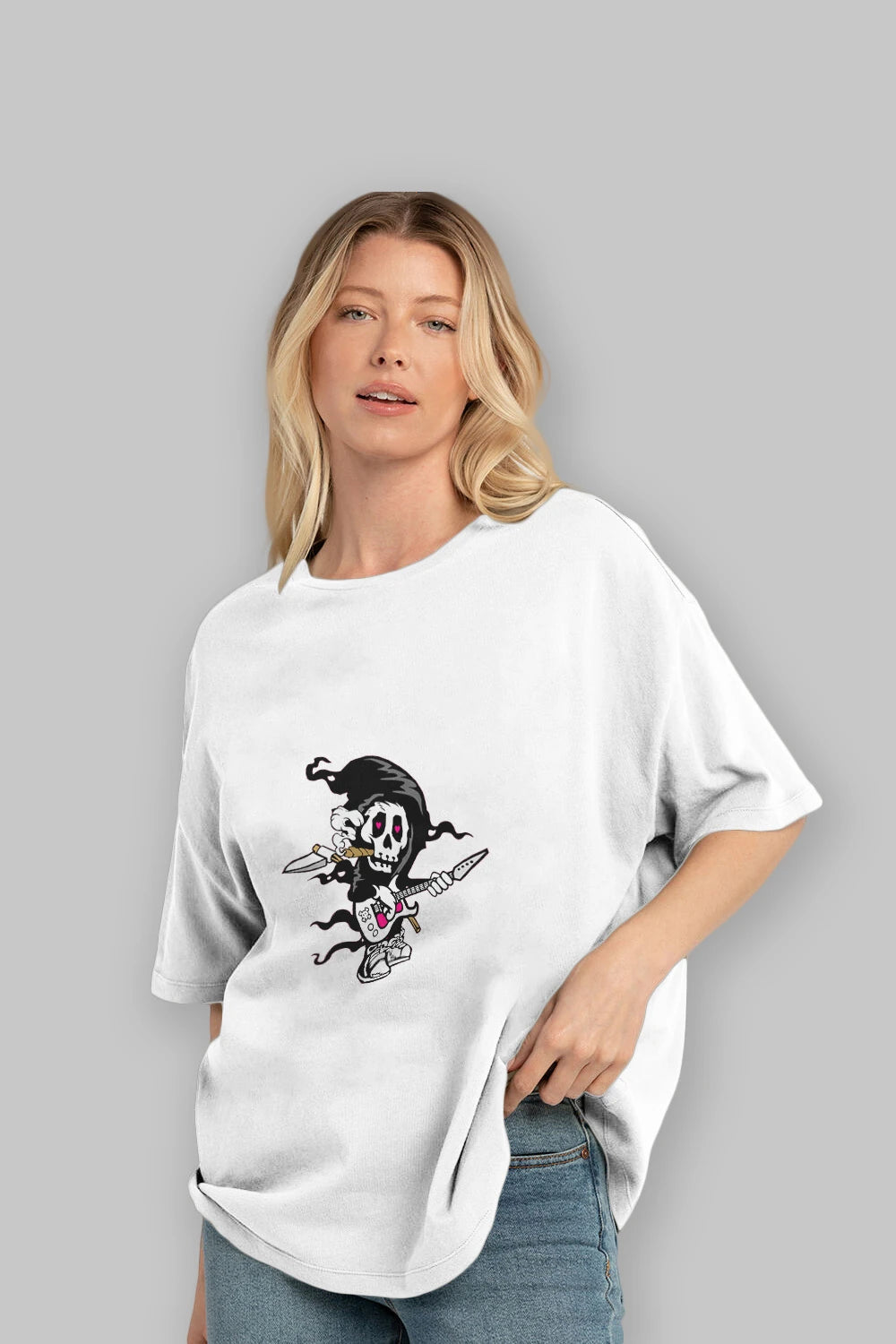 Grim Rockstar Ön Baskılı Oversize t-shirt Erkek Kadın Unisex %100 Pamuk tişort