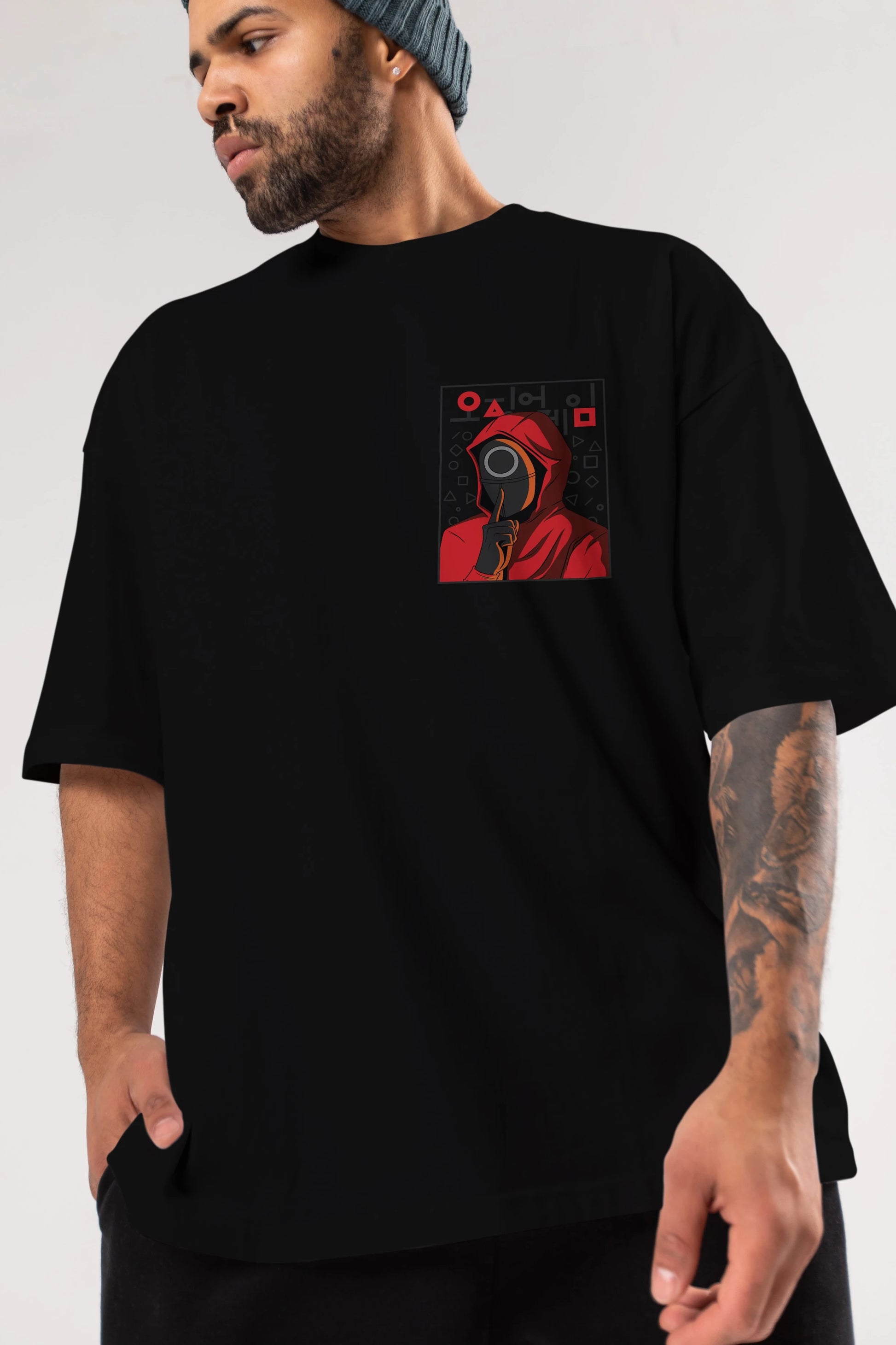 Squid Game (5) Ön Sol Baskılı Oversize t-shirt Erkek Kadın Unisex %100 Pamuk Bisiklet Yaka tişort