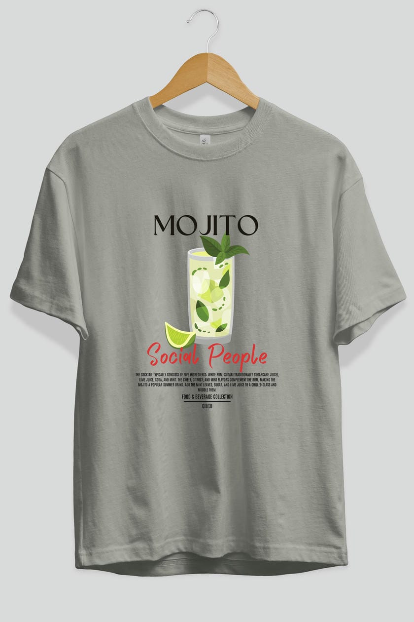 Mojıto Kokteyl Serisi ön Baskılı Oversize t-shirt Erkek Kadın %100 Pamuk Bisiklet Yaka tişort