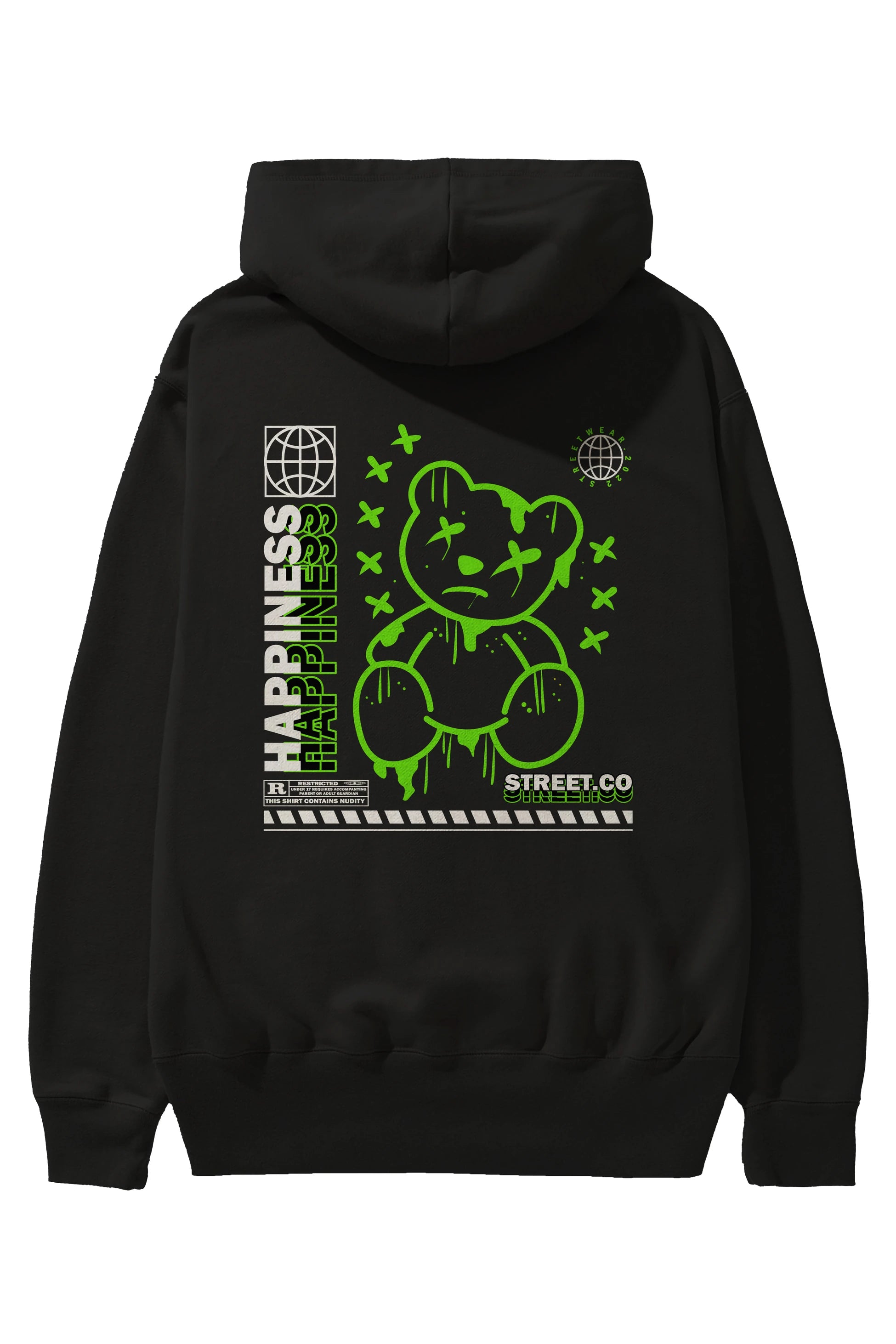 Happiness Bear 3 Arka Baskılı Hoodie Oversize Kapüşonlu Sweatshirt Erkek Kadın Unisex