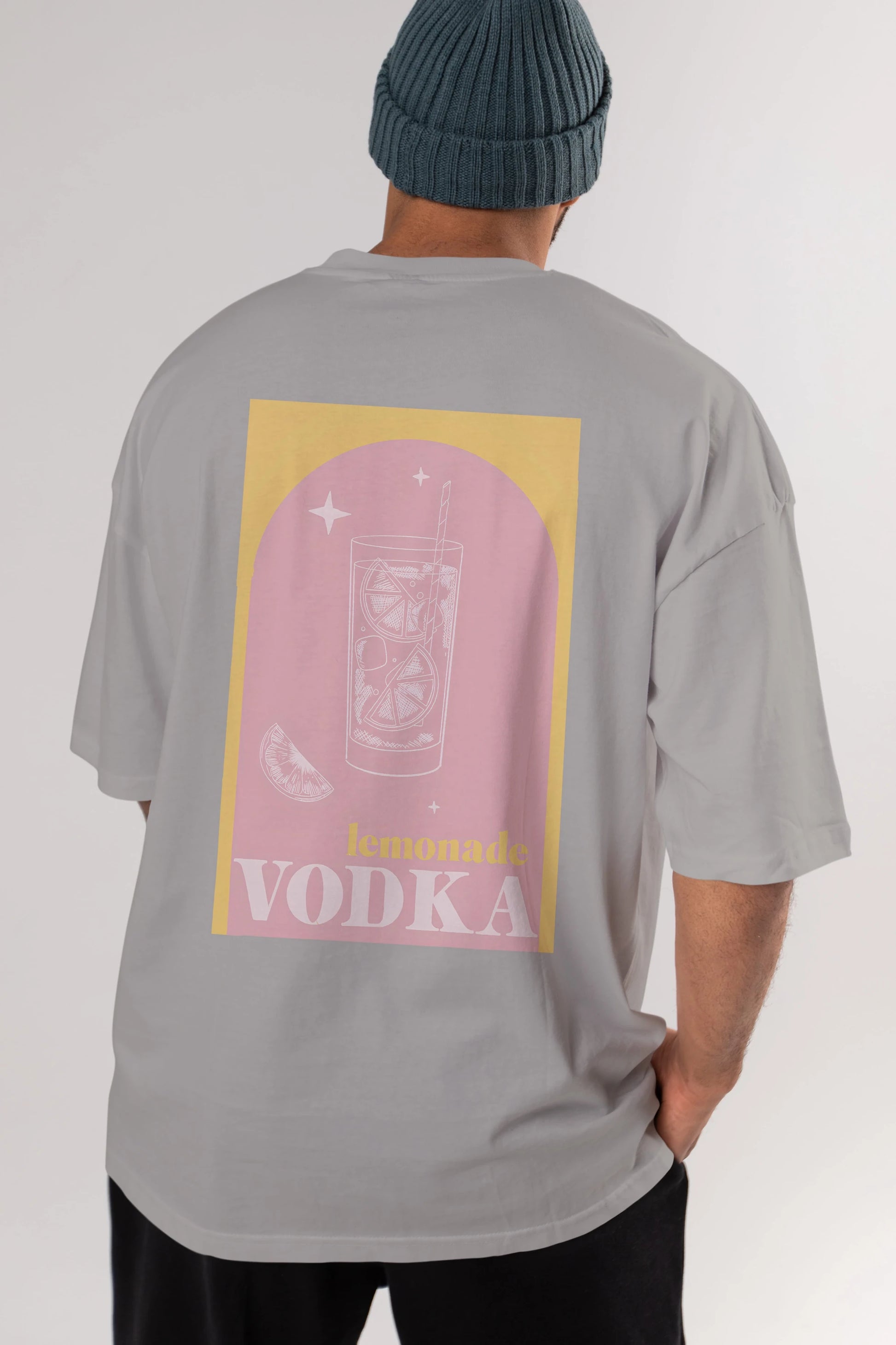 Vodka Limon Arka Baskılı Oversize t-shirt Erkek Kadın Unisex %100 Pamuk Bisiklet Yaka tişort