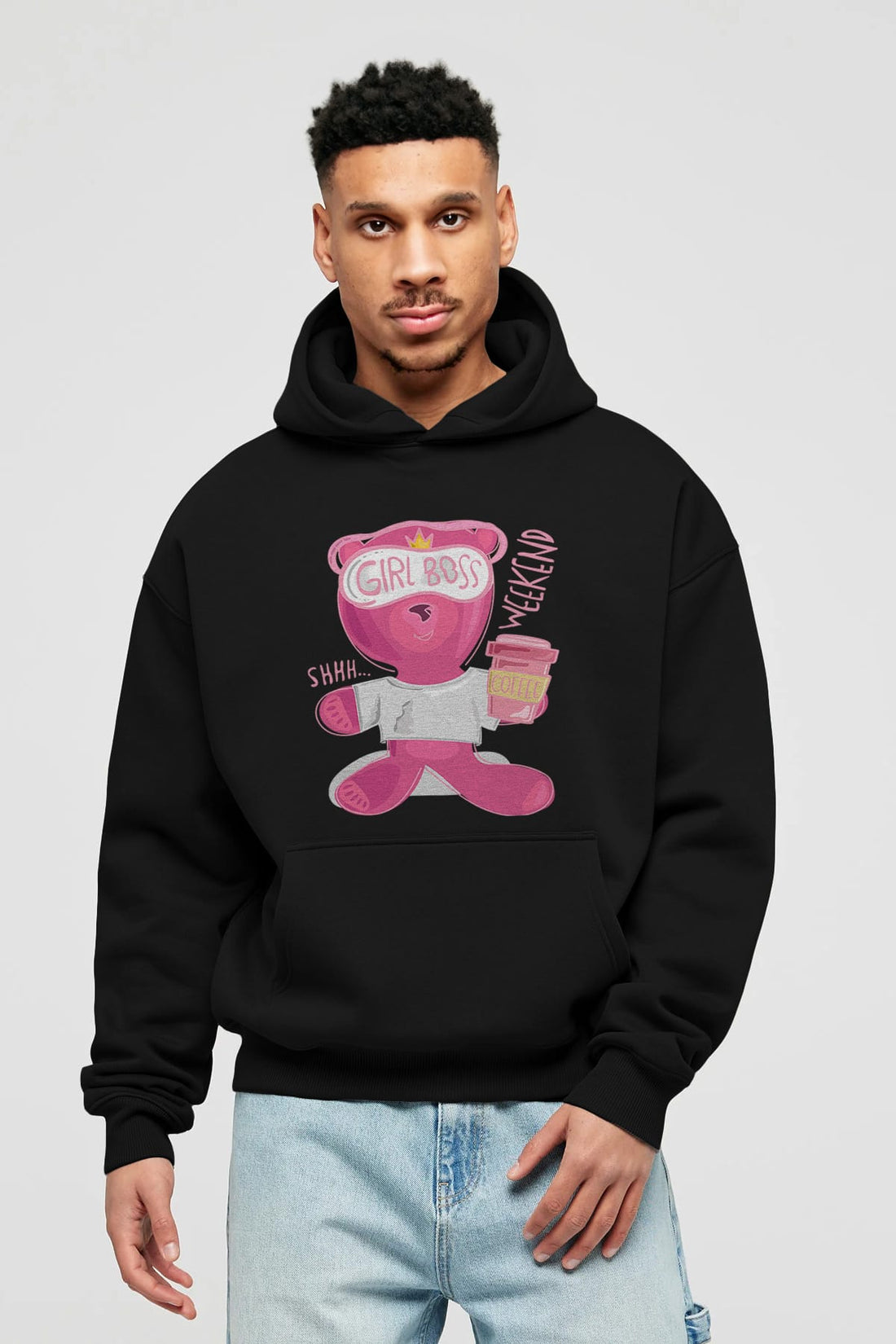 Girl Boss Bear Ön Baskılı Hoodie Oversize Kapüşonlu Sweatshirt Erkek Kadın Unisex