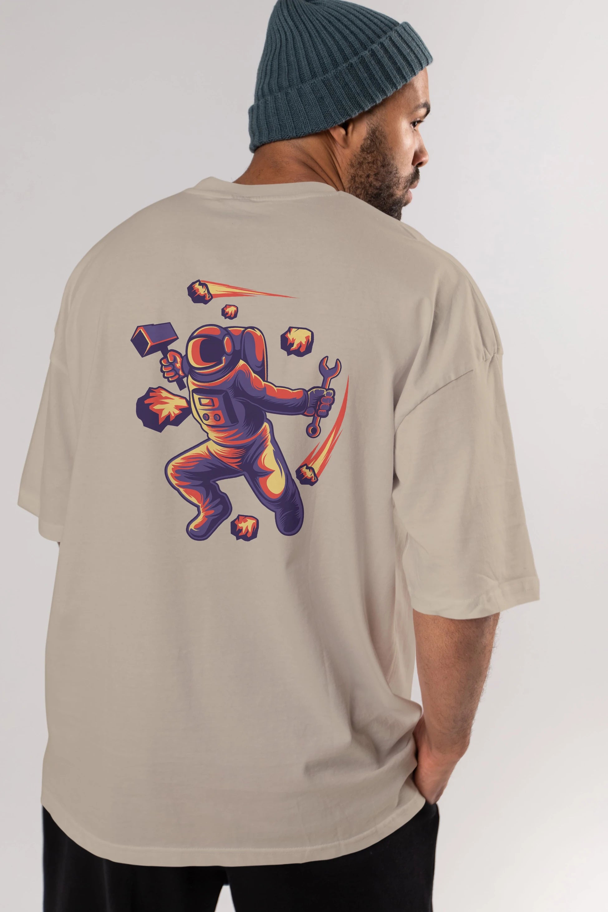 Astronaut Block Meteor Arka Baskılı Oversize t-shirt Erkek Kadın Unisex