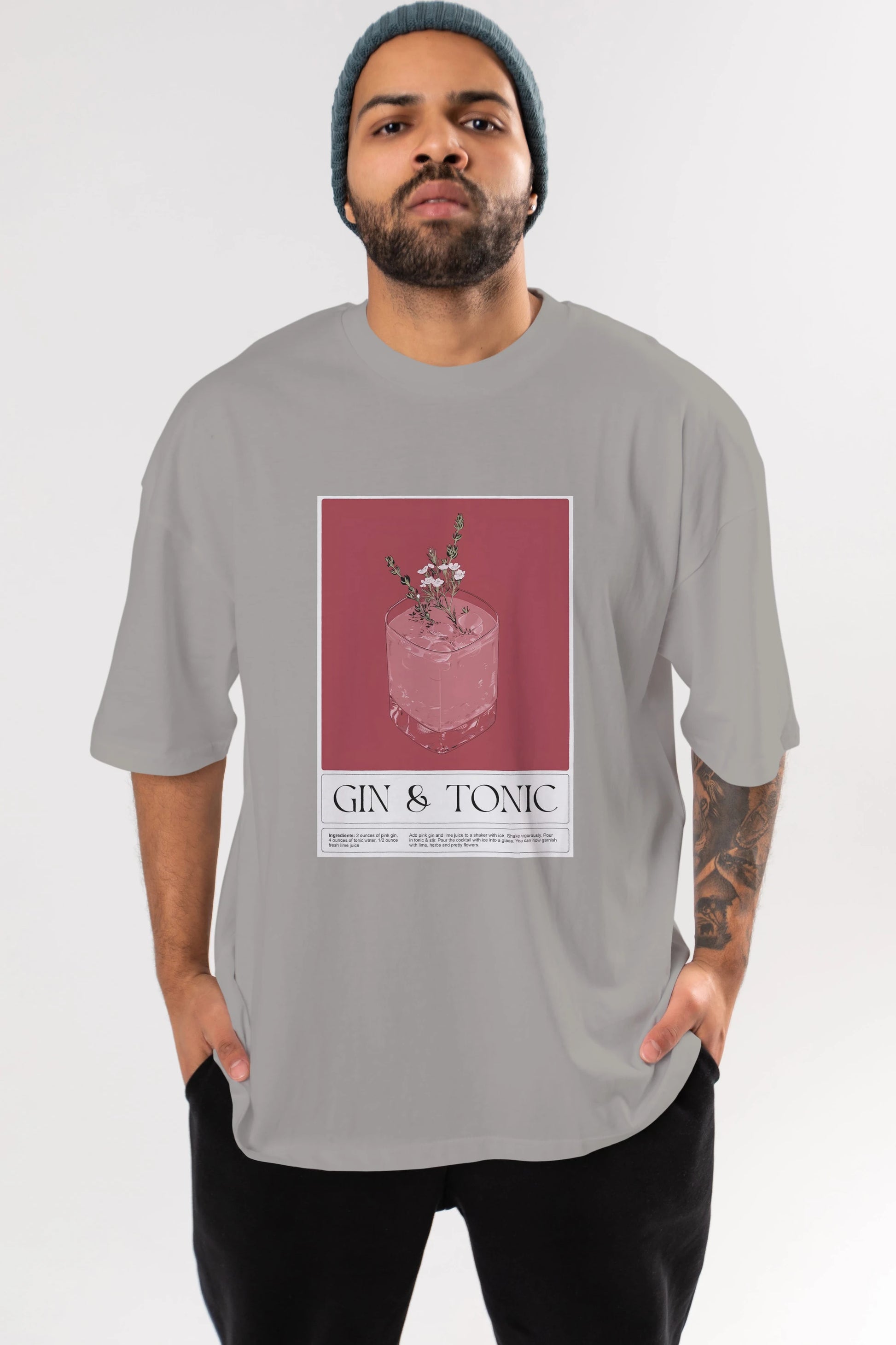 Gin Tonic 4 Ön Baskılı Oversize t-shirt Erkek Kadın Unisex %100 Pamuk Bisiklet Yaka tişort