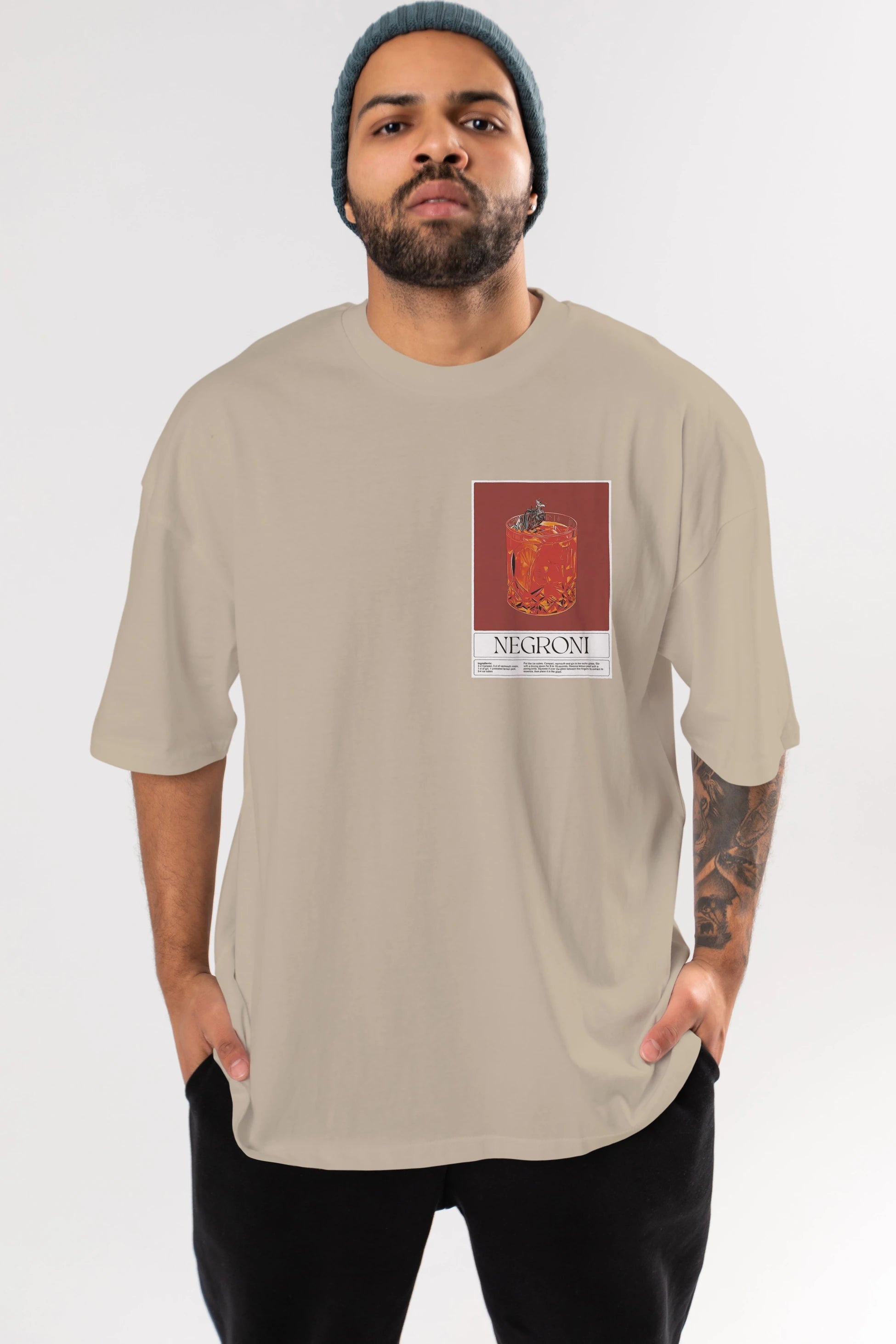 Negroni 2 Ön Sol Baskılı Oversize t-shirt Erkek Kadın Unisex %100 Pamuk Bisiklet Yaka tişort
