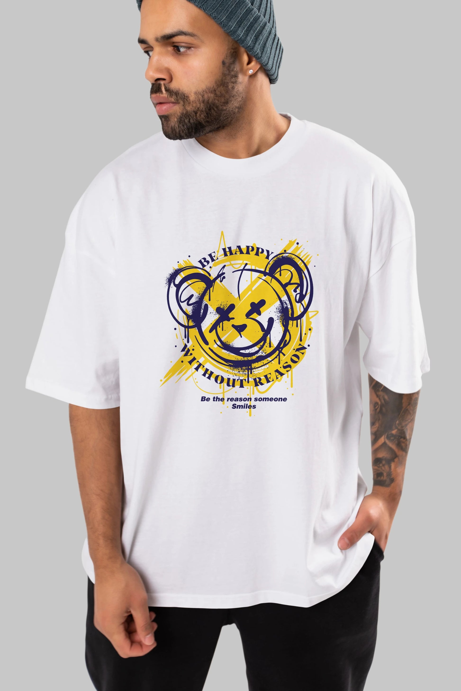 Be Happy Bear 2 Ön Baskılı Oversize t-shirt Erkek Kadın Unisex