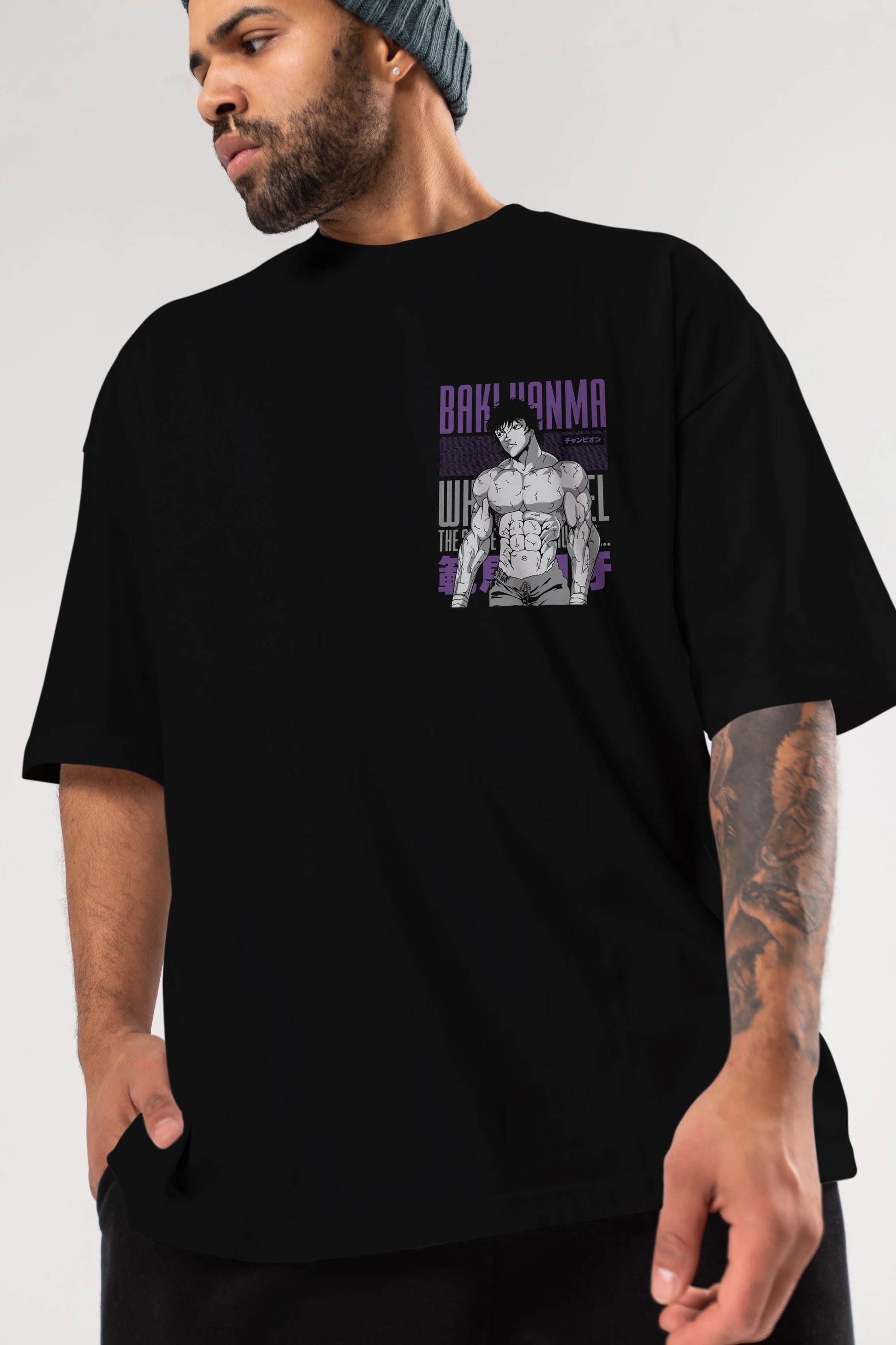 BAKI HANMA (2) Ön Sol Baskılı Oversize t-shirt Erkek Kadın Unisex %100 Pamuk Bisiklet Yaka tişort