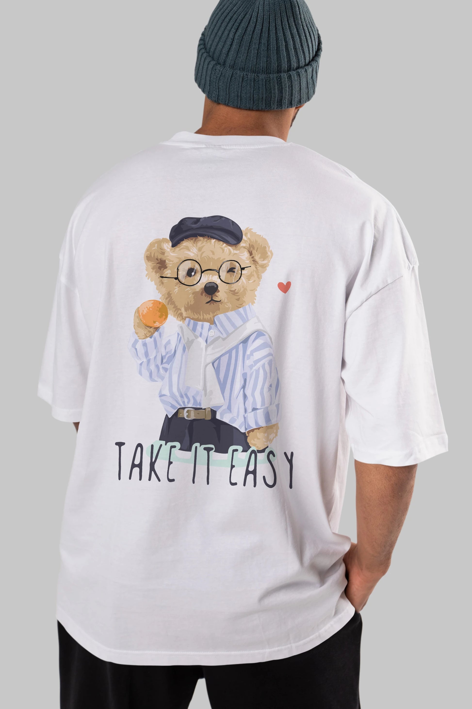 Teddy Bear Take it Easy Arka Baskılı Oversize t-shirt Erkek Kadın Unisex %100 Pamuk