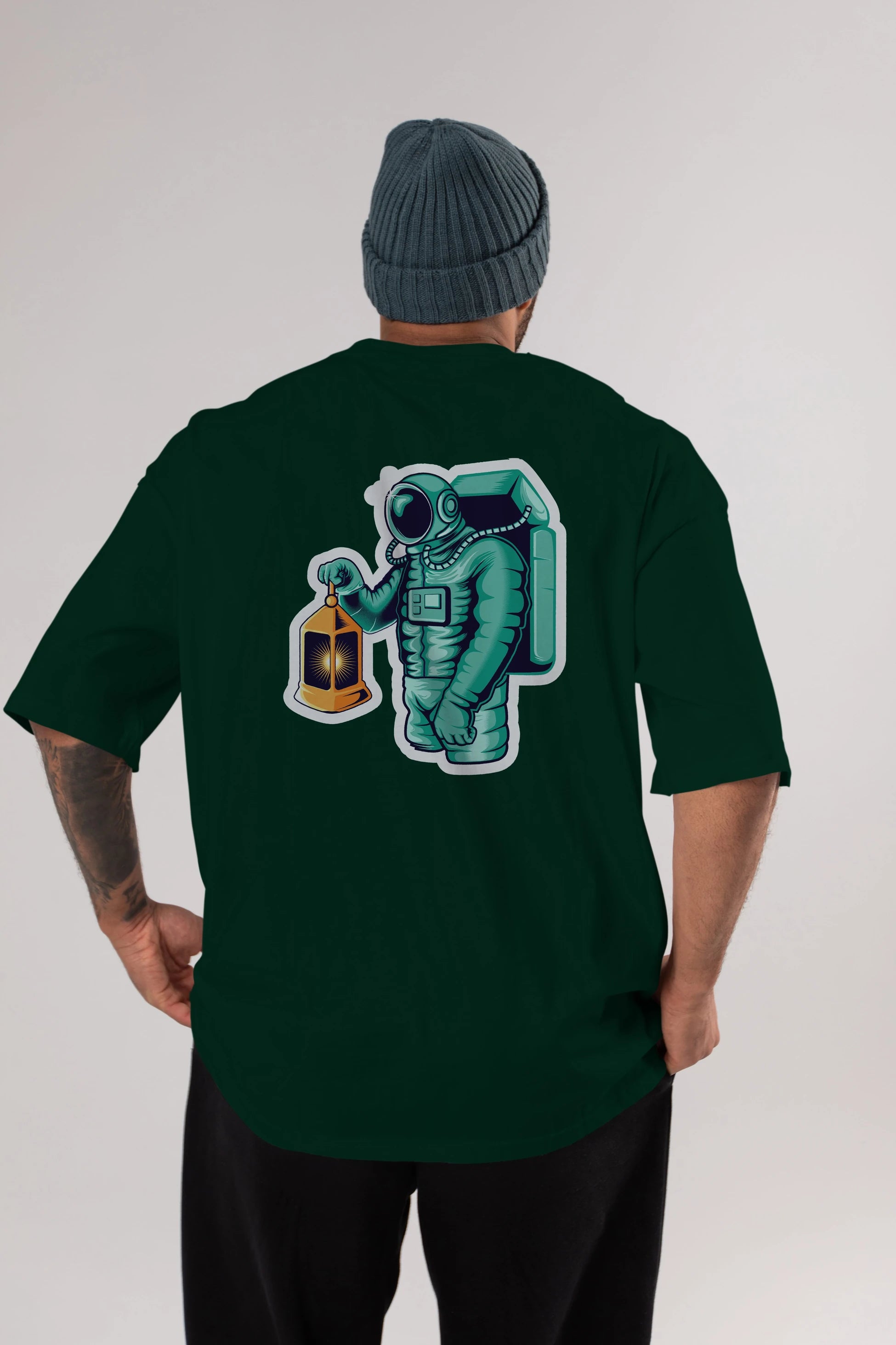 Astronaut Lantern Sticker Arka Baskılı Oversize t-shirt Erkek Kadın Unisex