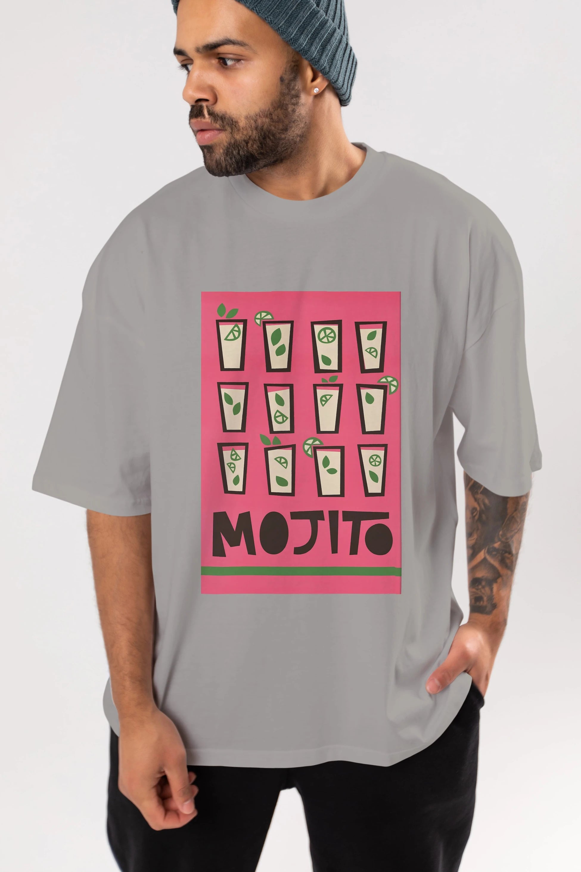 Mojito Ön Baskılı Oversize t-shirt Erkek Kadın Unisex %100 Pamuk Bisiklet Yaka tişort